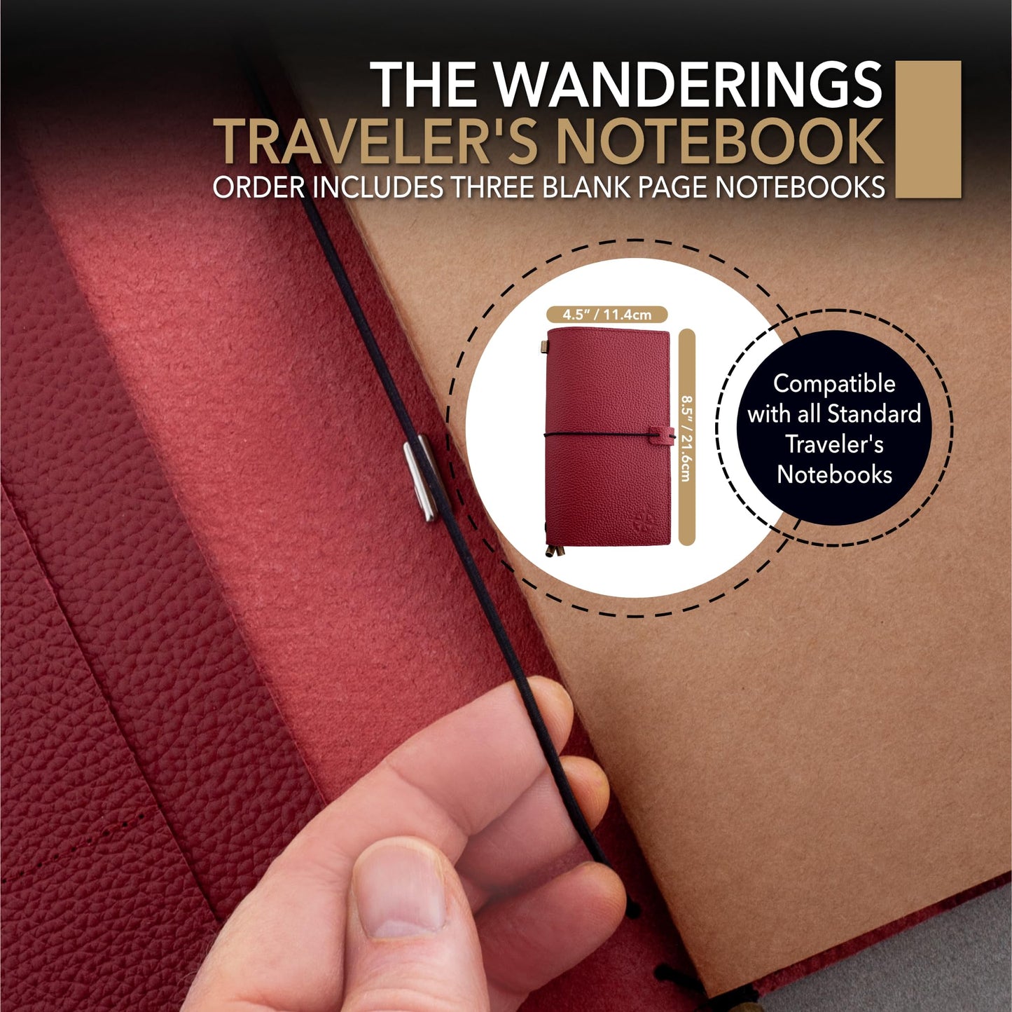 Wanderings Regular Size Travelers Notebook with Pockets - 4.75" x 8.5" (12 x 22cm) - Refillable Travelers Journal - Beautifully Handcrafted, Red Leather Journal, includes 100 GSM Blank Inserts