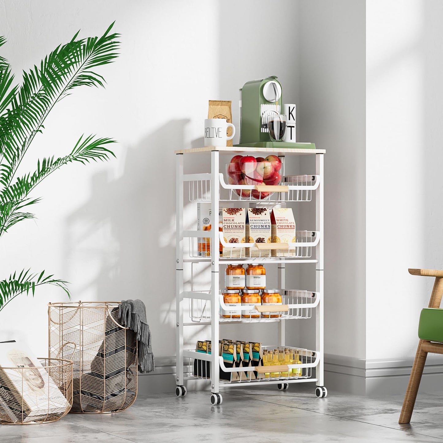 NiuYichee 5-Layer Fruit Basket Kitchen Food Organizer and Storage Rack, Stackable Cart With Desktop, Pull-Out Hollow Metal Basket, Wheeled Sorting Spice Rack, Black
