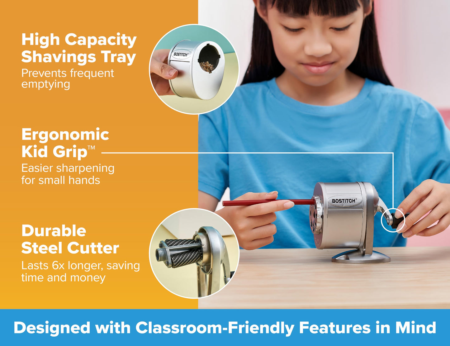 Bostitch Office Wall Mount Manual Pencil Sharpener, Tip Saver, 8 Hole Dial, 6X Longer Cutter Life, Vertical or Horizontal Mounting, Silver