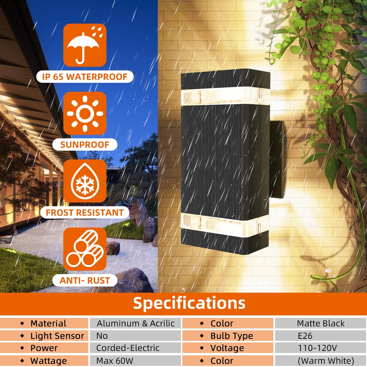 Square Up and Down Lights Outdoor Wall Light E26 with Bulbs Fixture Outdoor Wall Lights Aluminum Waterproof Outdoor Wall Lamps Outdoor Wall Sconce Exterior Lamps for Front Porch Patio Garage (2)