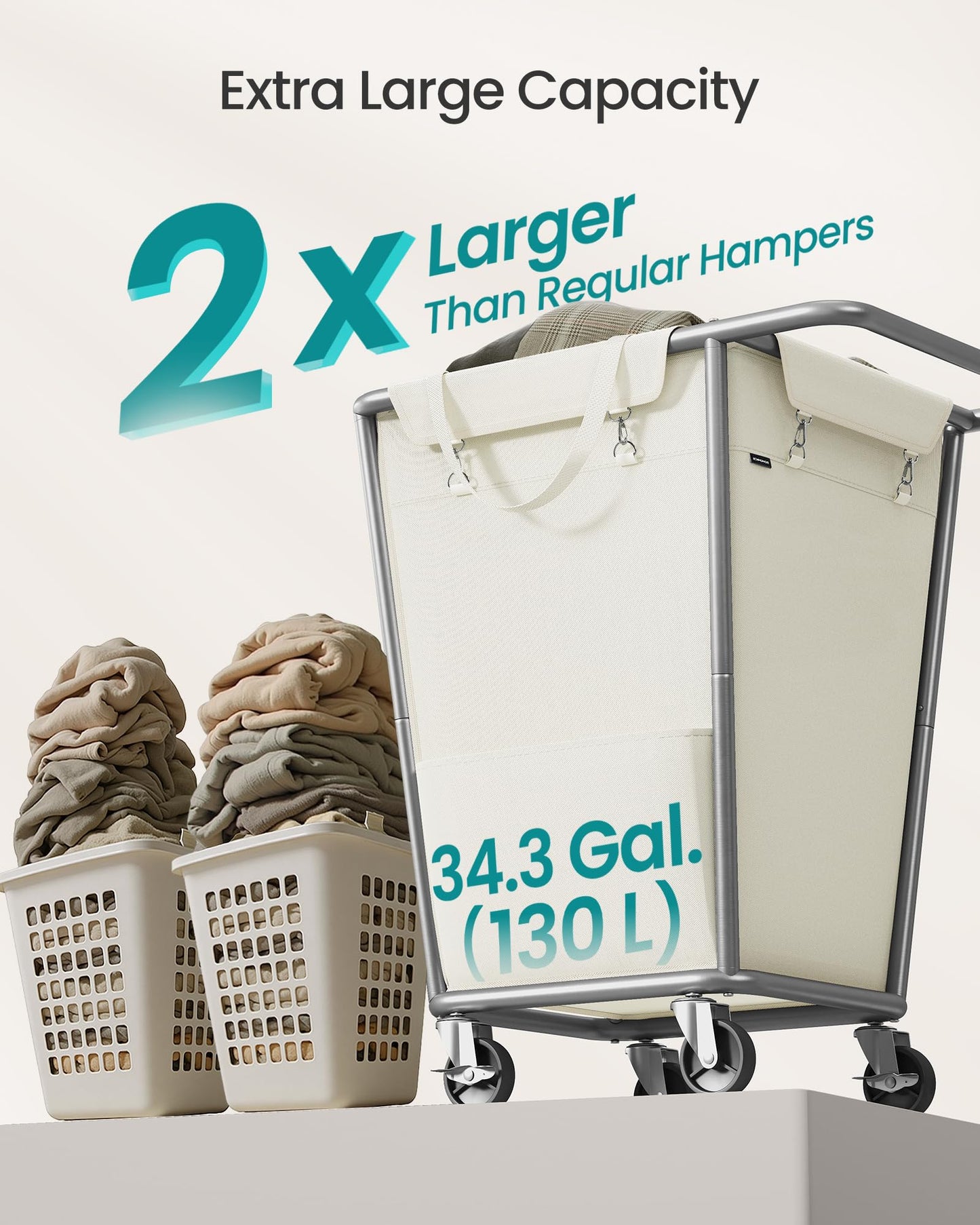 SONGMICS Laundry Basket with Wheels, 34.3 Gallons (130 L) Rolling Laundry Hamper with Removable Bag, Heavy-Duty Steel Frame, Cream White URLS008W01