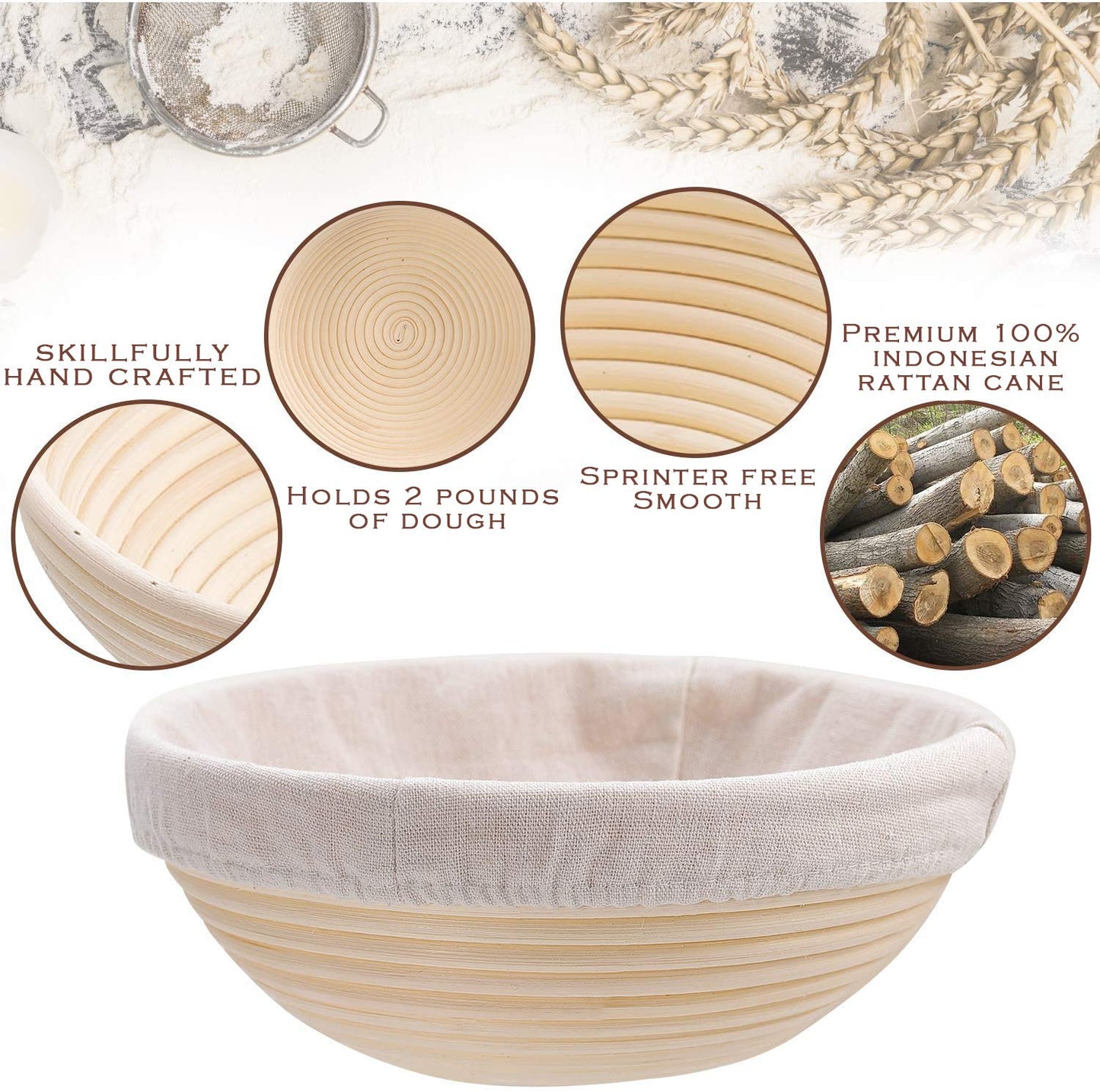 Bread Proofing Basket Set Of 2 Round and Oval, Banneton Proofing Basket + Danish Dough Whisk + Bread Scoring Lame + Stainless Steel Dough Scraper + Flexible Scraper, Sourdough Tools Kit, Baking Gifts