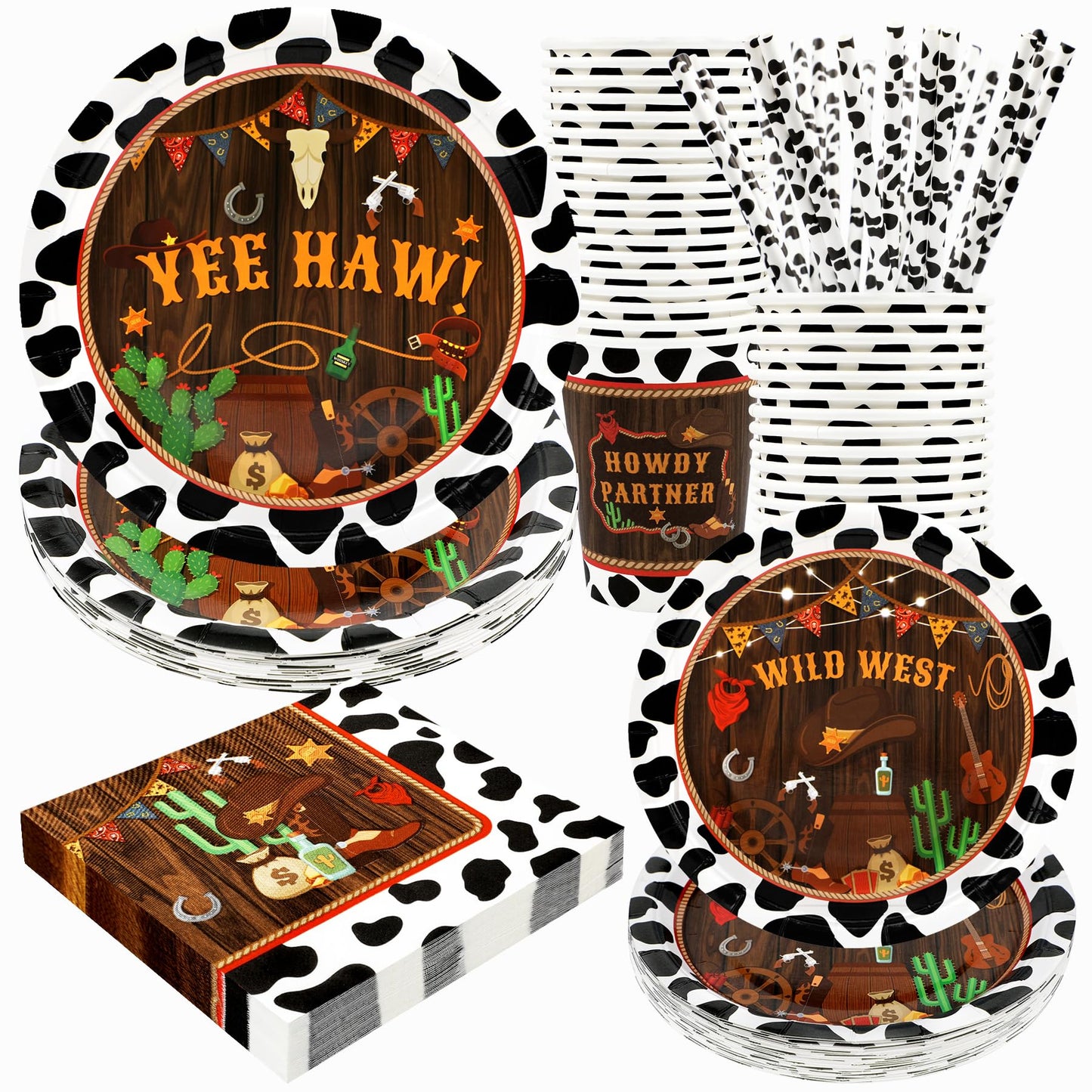 Western Birthday Party Supplies Decorations, Cowboy Wild West Theme Birthday Paper Plates and Napkins Set with Cups and Straws for 24 Guests, 120 Pcs Disposable Party Dessert Dinnerwares