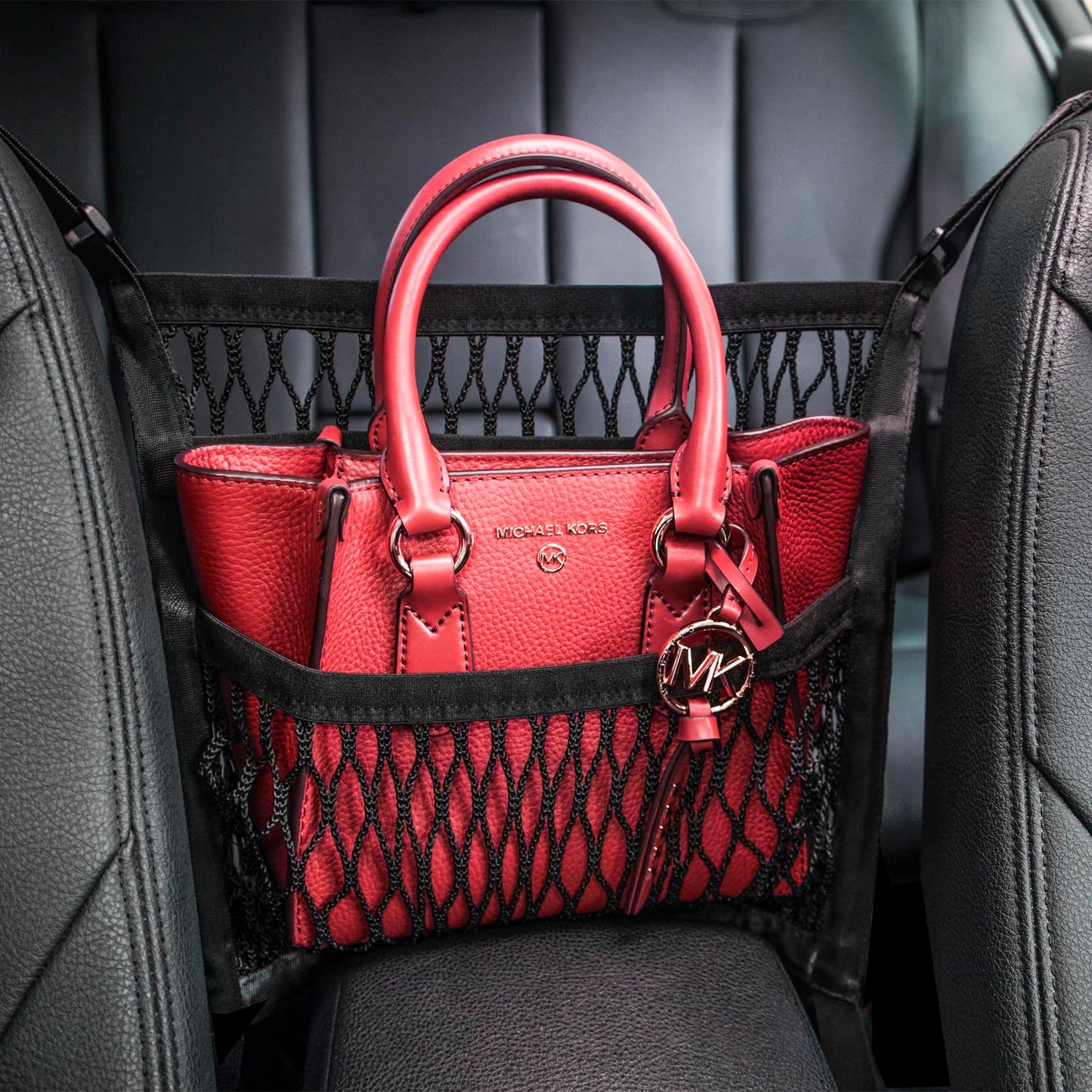 AMEIQ Car Accessories, Organizer Storage Between Front Seats, Purse Handbag Holder of 3 Layers Mesh Net Pocket Bag, Backseat Dog Pet Barrier
