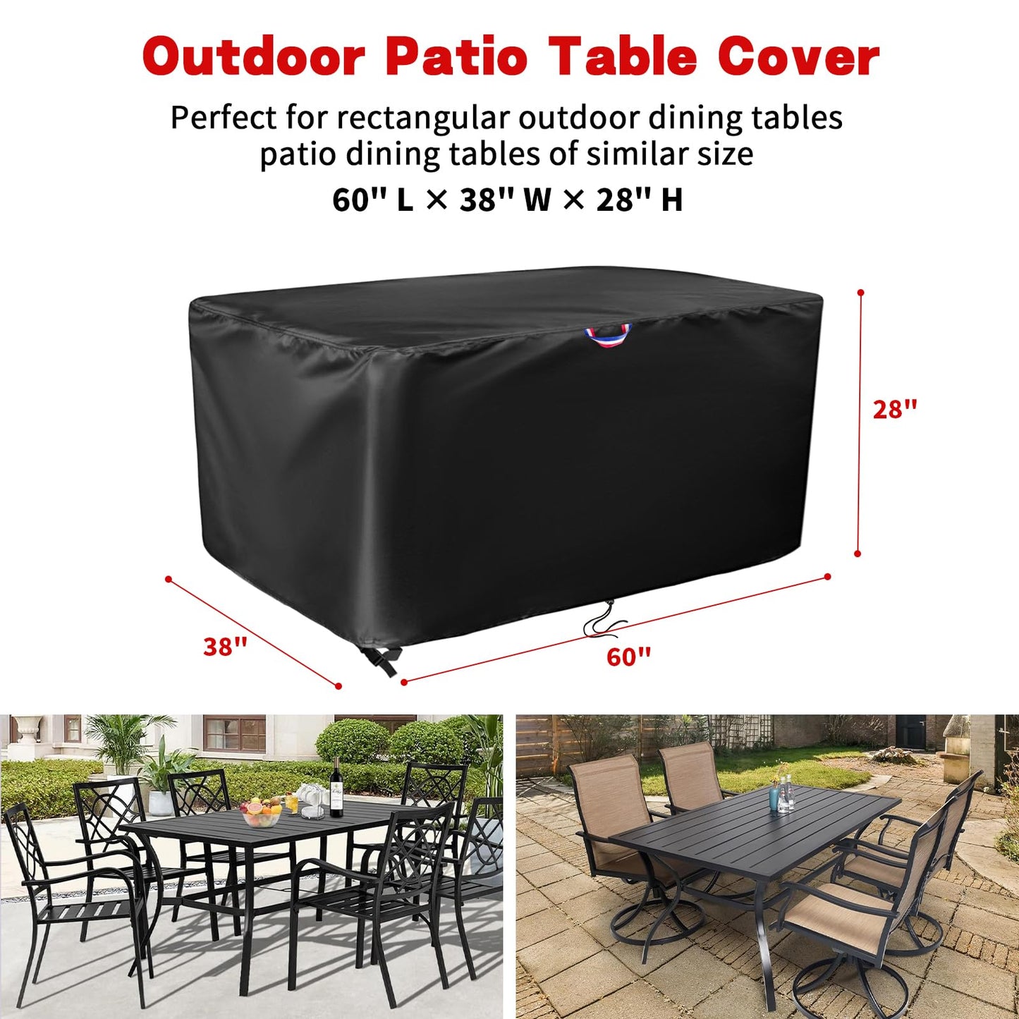 Agustone Outdoor Dining Table Cover, 60" Rectangle Patio Furniture Covers Waterproof, Protective Cover for Outdoor Dining Table Chairs Set - Black, 60 X 38 X 28 Inch