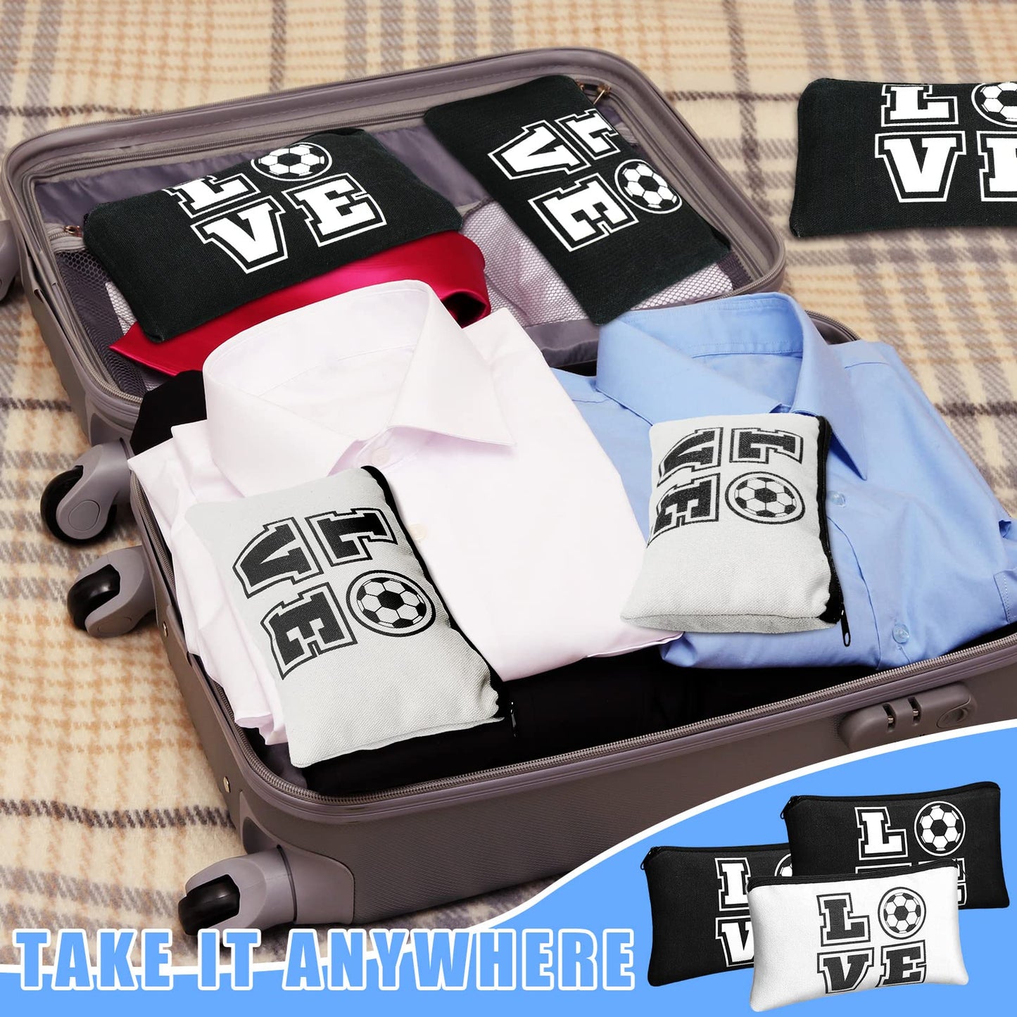 20 Pieces Soccer Makeup Bag Gifts Soccer Cosmetic Travel Bag with Words Toiletry Zipper Pouch Portable for Women Football Lover Players Team Accessories