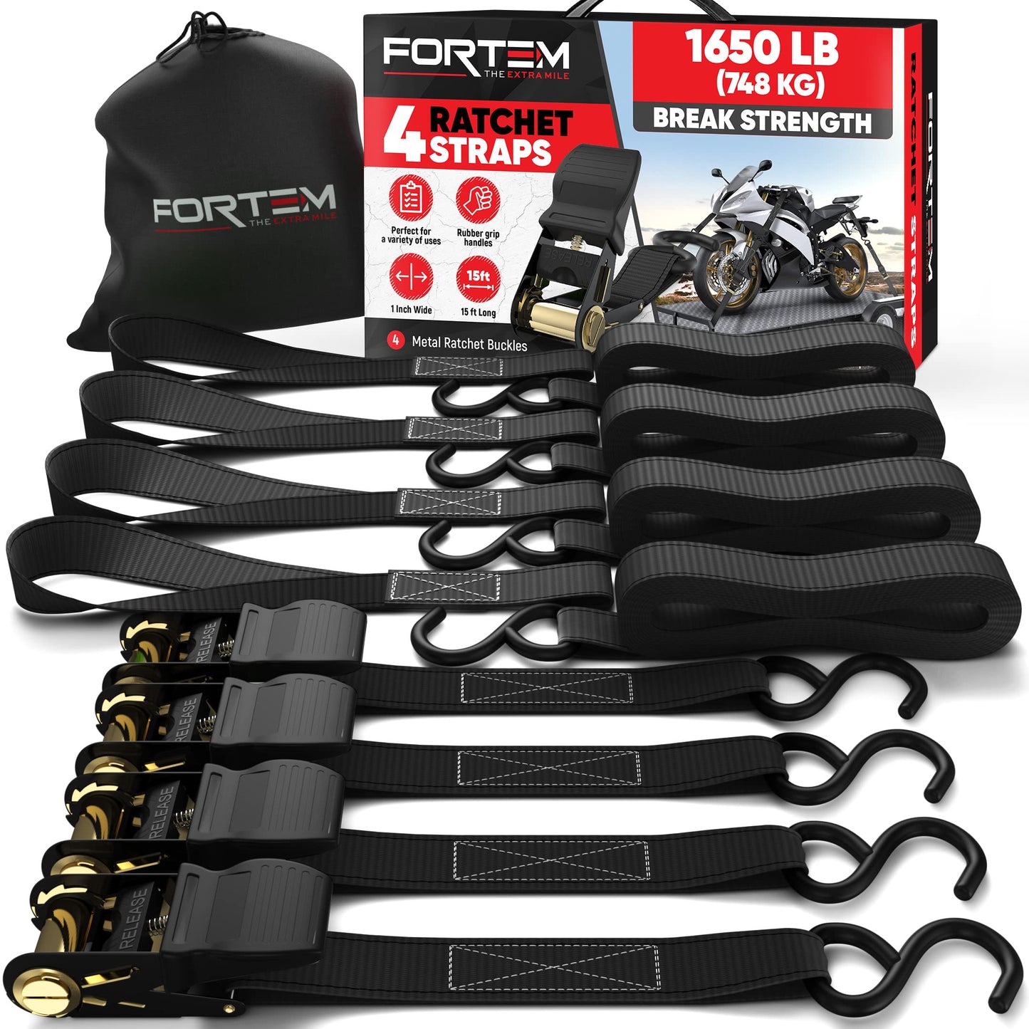 FORTEM Ratchet Straps, 748kg Break Strength, 4 4.57M Tie Down Strap Set, 4 Soft Loops, Motorcycle Straps Tie Downs, Cargo Straps for Trucks, Rubber Handles, Coated Metal Hooks, Carry Bag