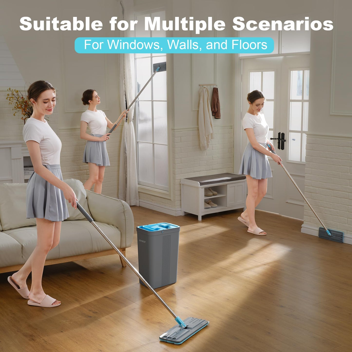 JOYMOOP Mop and Bucket Set with Wringer, mops for Floor Cleaning, Wall Mop Cleaner with Long Handle, with 4 Reusable Microfiber Mop Pads - Grey+Cyan Blue
