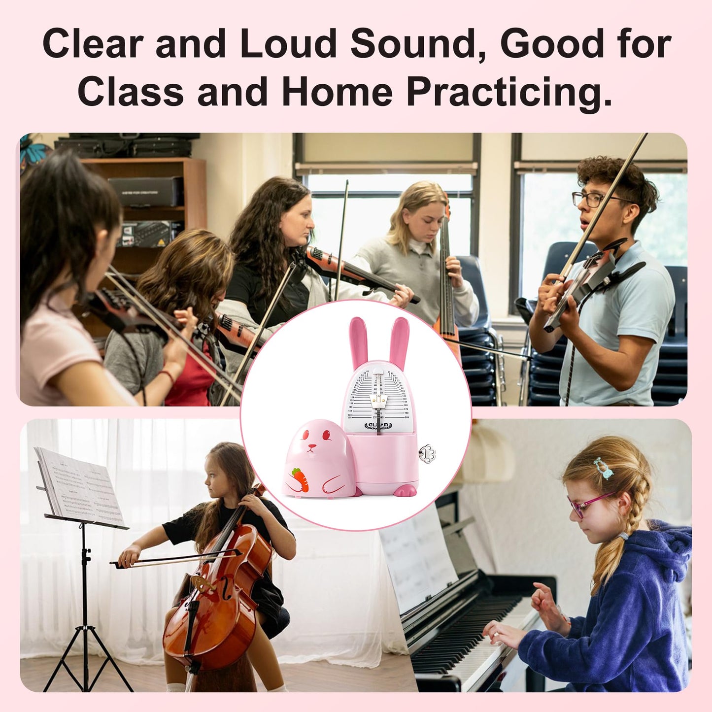 Easy Control Cute Cartoon Mechanical Metronome for Piano Drum Guitar Violin Ukulele Players with Bell, Pink-Rabbit