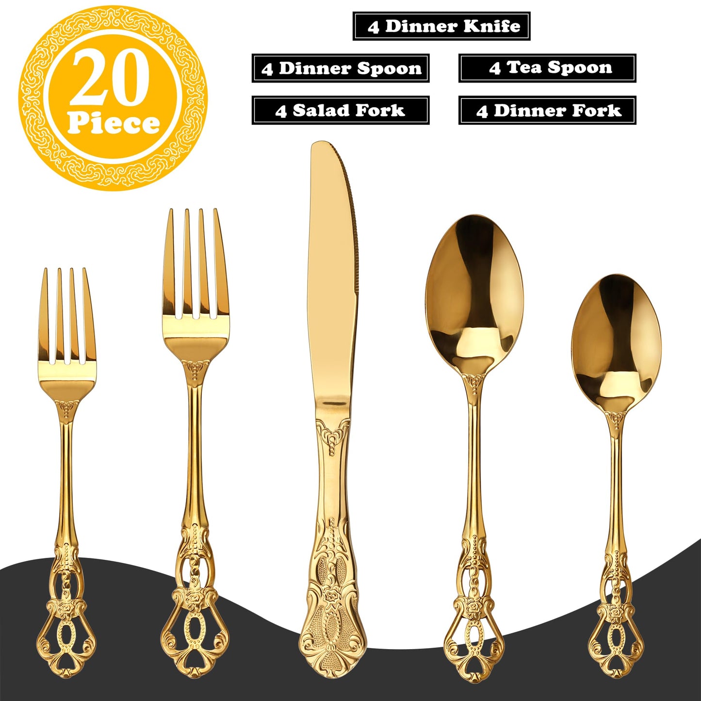 Runfly Gorgeous Retro Royal Gold Stainless Steel 20 Pieces Flatware Set, Golden Silverware Set, Anti-Rust Stainless Steel Gold Cutlery Set Utensils Including Fork Spoon and Knife