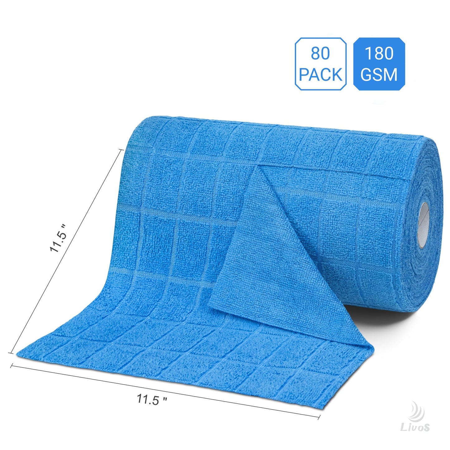 LIVOS Microfiber Cleaning Cloth Roll - 80 Pack, Reusable Paper Towels, Microfiber Towels for Cars, Super Absorbent Lint Free Cleaning Rags for House, Kitchen, Window-Check Blue, 11.5"x11.5"