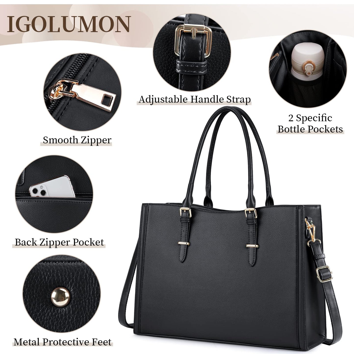 Laptop Bag for Women 15.6 inch Waterproof Leather Bag Work Laptop Computer Bag for Office Travel Handbag Shoulder Bag Black