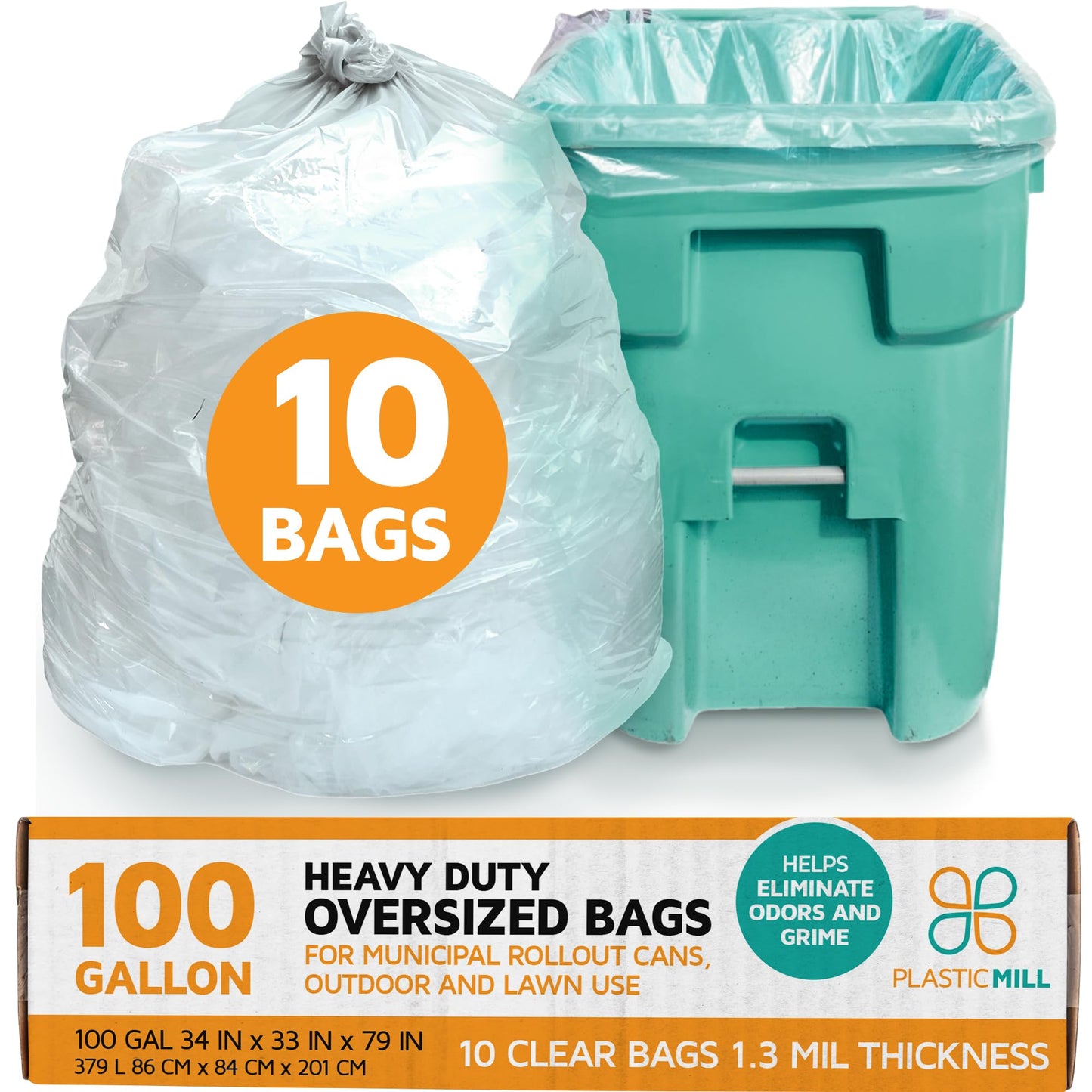 PlasticMill 100 Gallon, Clear, 1.3 Mil, 67x79, 10 Bags/Case, Garbage Bags/Trash Can Liners.