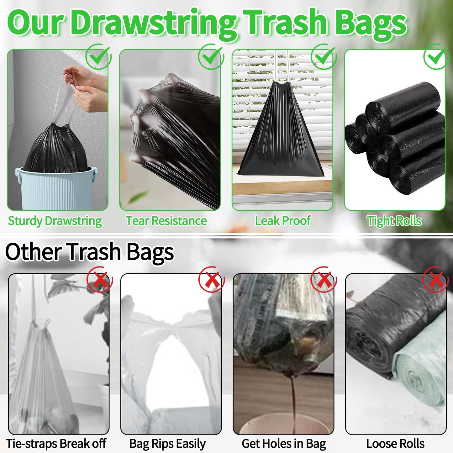 Small Trash Bags for 2.6-Gallon (10 L) Trash Cans, 300 Count Thick Pre-separated Garbage Bags, Mini Wastebasket can Liners for Bathroom Bedroom Office(Black)