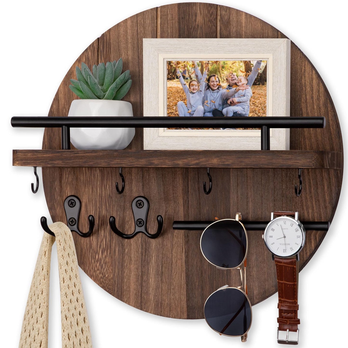Nekon Key Holder Wall Mount, 11.8 Inch Key Rack with Shelf and 6 Key Hooks, Rustic Key and Mail Organizer, Circular Wooden Key Hanger for Entryway Hallway Kitchen (Brown)