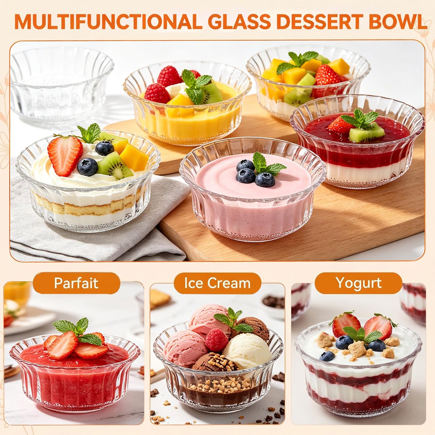 Frcctre 16 Pack 4 Inch Glass Bowls, 8.5 Oz Small Glass Prep Bowls Dessert Candy Bowl Serving Bowl for Kitchen Prep, Dessert, Dips, Candy, Nuts, Snack - Dishwasher Safe
