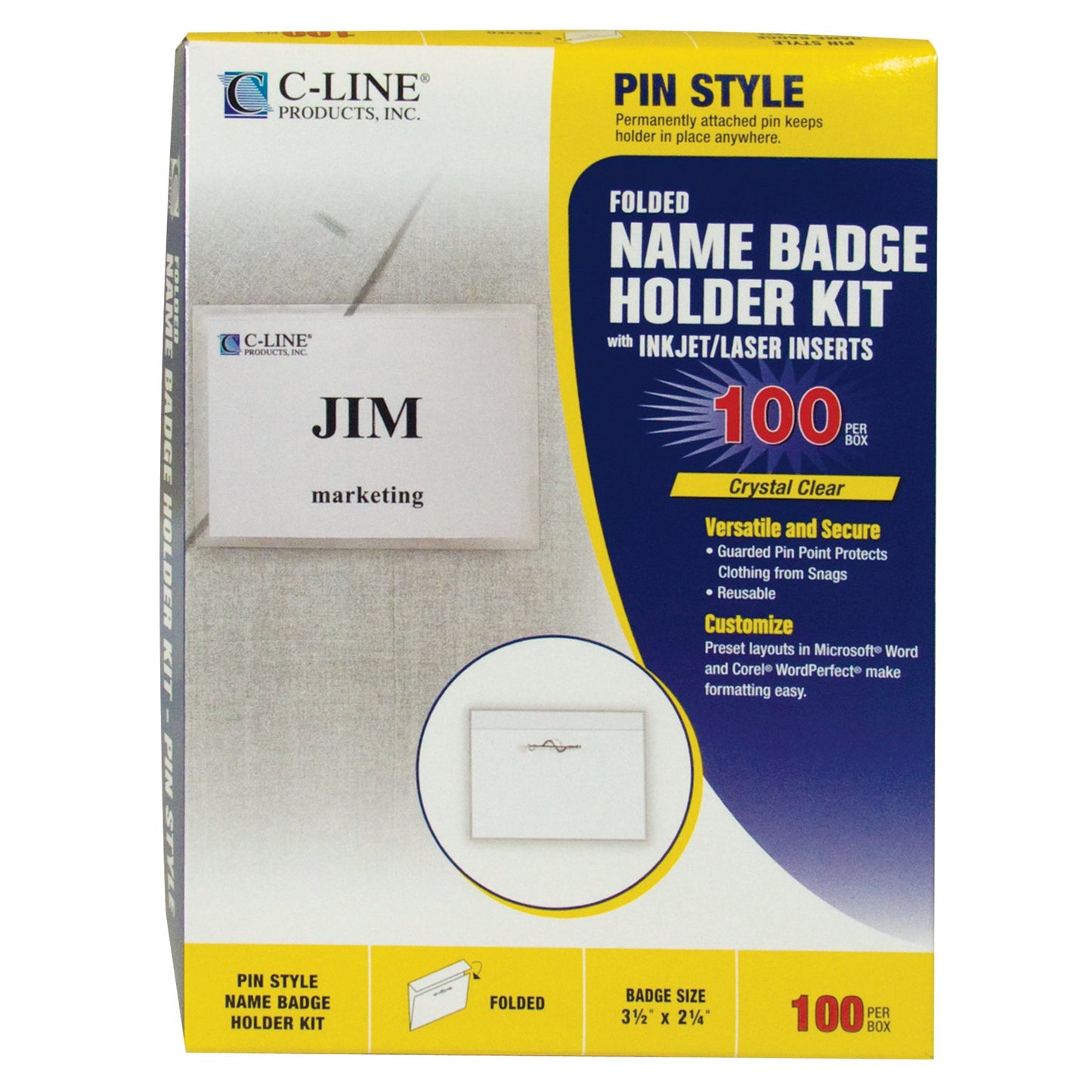 C-Line Pin Style Name Badge Holders, 3.5 x 2.25 Inches, Clear, 100 per Box (94223)