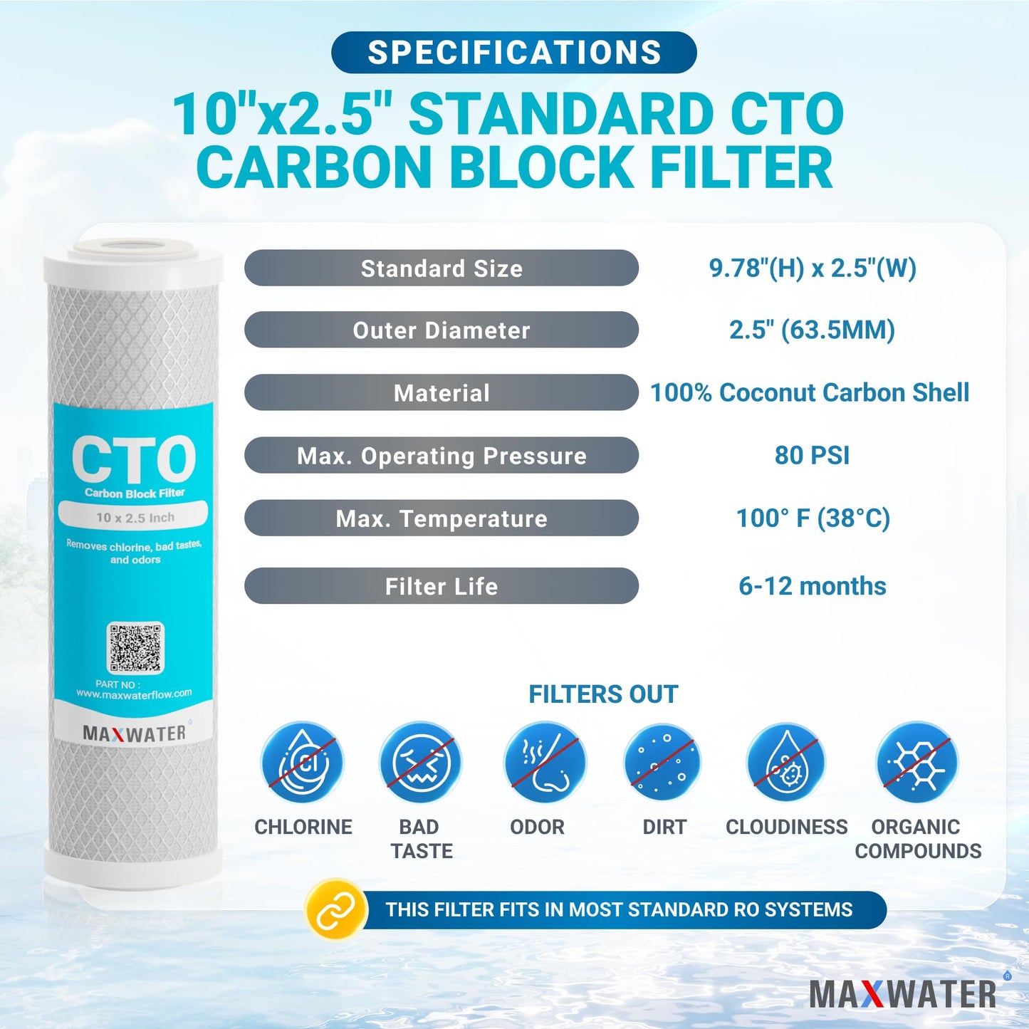 Max Water 5 Micron, 10 x 2.5 Whole House CTO Activated Carbon Filter Replacement Cartridge, Coconut Shell Carbon Block for Whole House System and Standard RO Compatible with WFPFC8002, FXWTC (10 Pack)