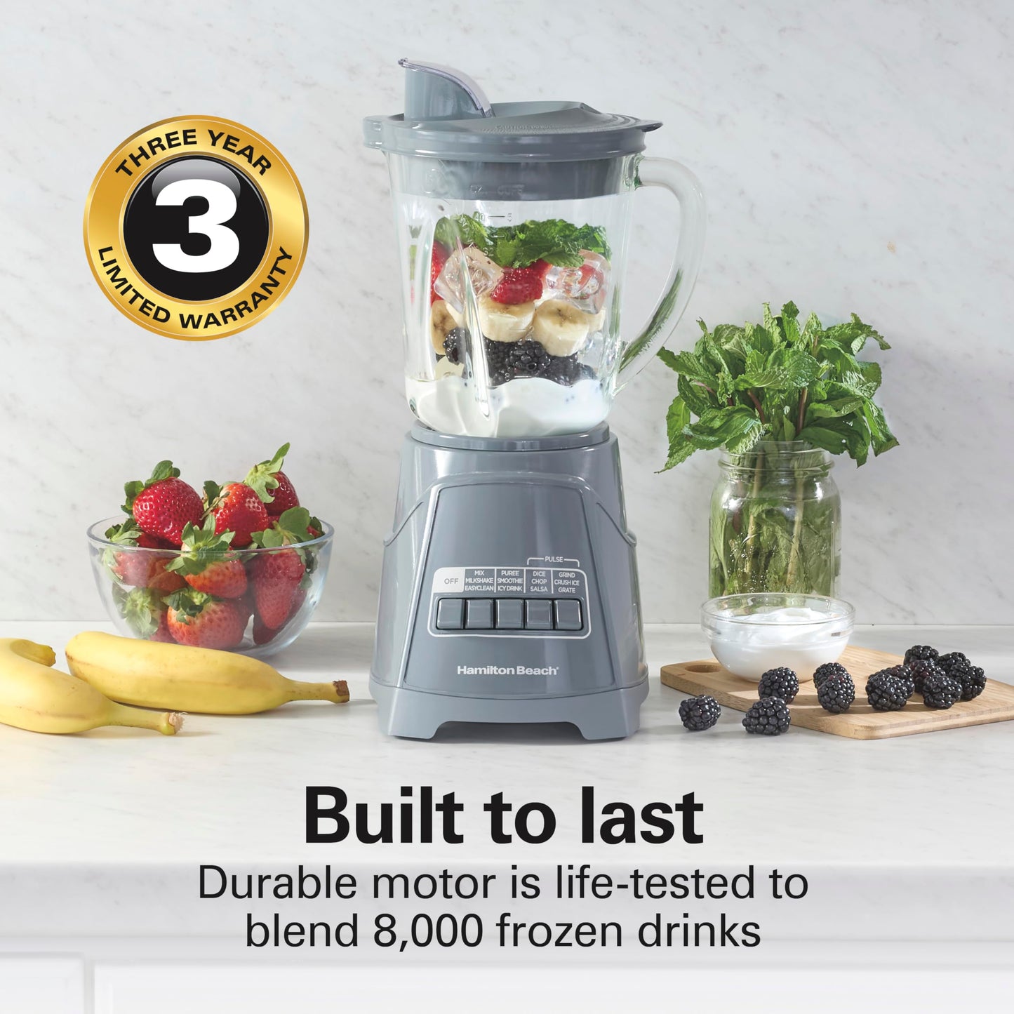 Hamilton Beach Power Elite Blender for Smoothies, Ice Crush & Puree, 700 Watts, 40 oz Glass Jar, 12 Functions, Wave~Action System, Slate Gray, 58153J