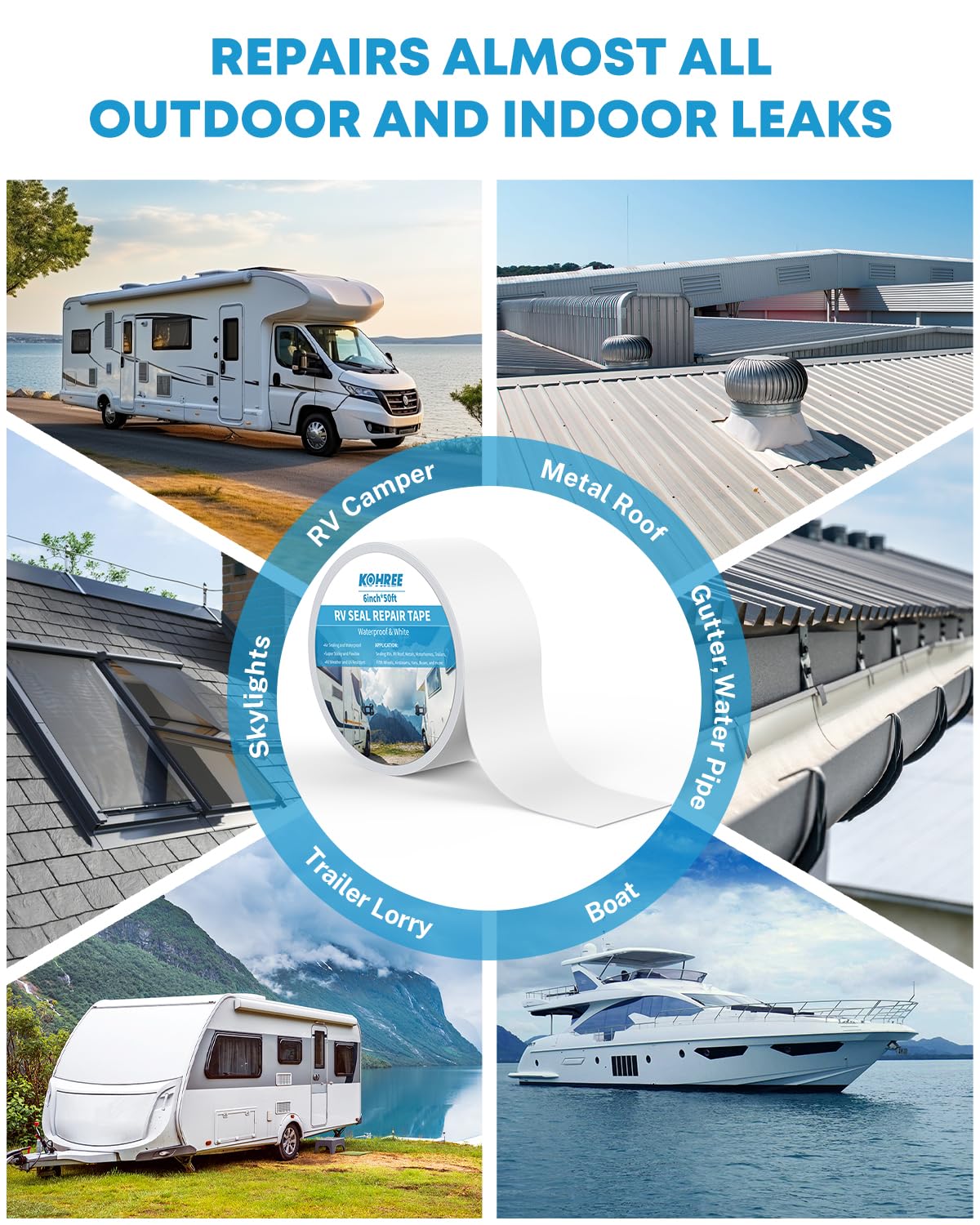 Kohree RV Sealant Tape, 4 Inch x 50 Foot White Roof Seal Tape UV & Weatherproof Butyl Tape for RV Repair, Window, Boat Sealing, Truck Stop Camper Roof Leaks