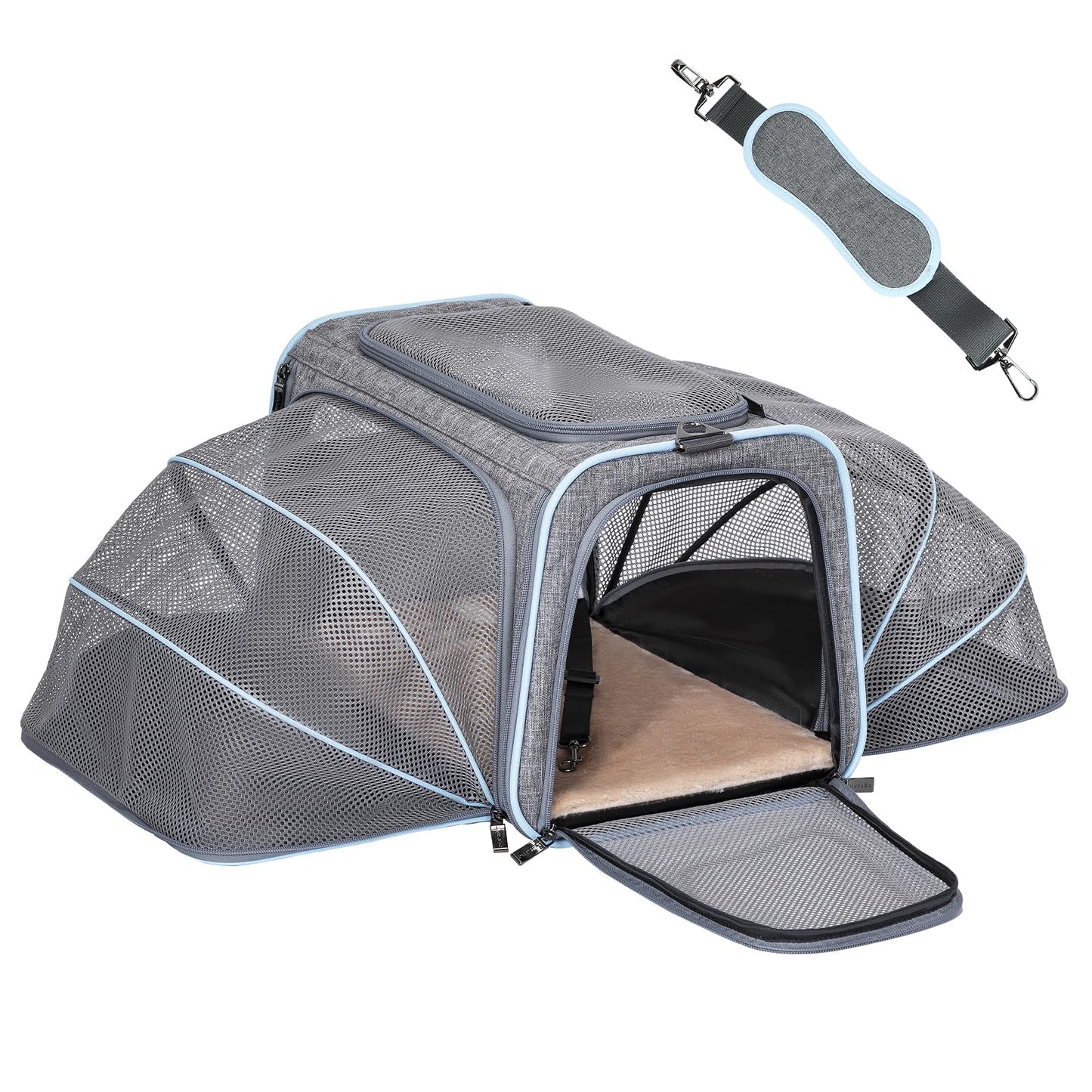 Petsfit Expandable Cat Carrier Dog Carrier,Airline Approved Soft-Sided Portable Pet Travel Washable Carrier for Kittens,Puppies,Removable Soft Plush mat and Pockets,Locking Safety Zippers
