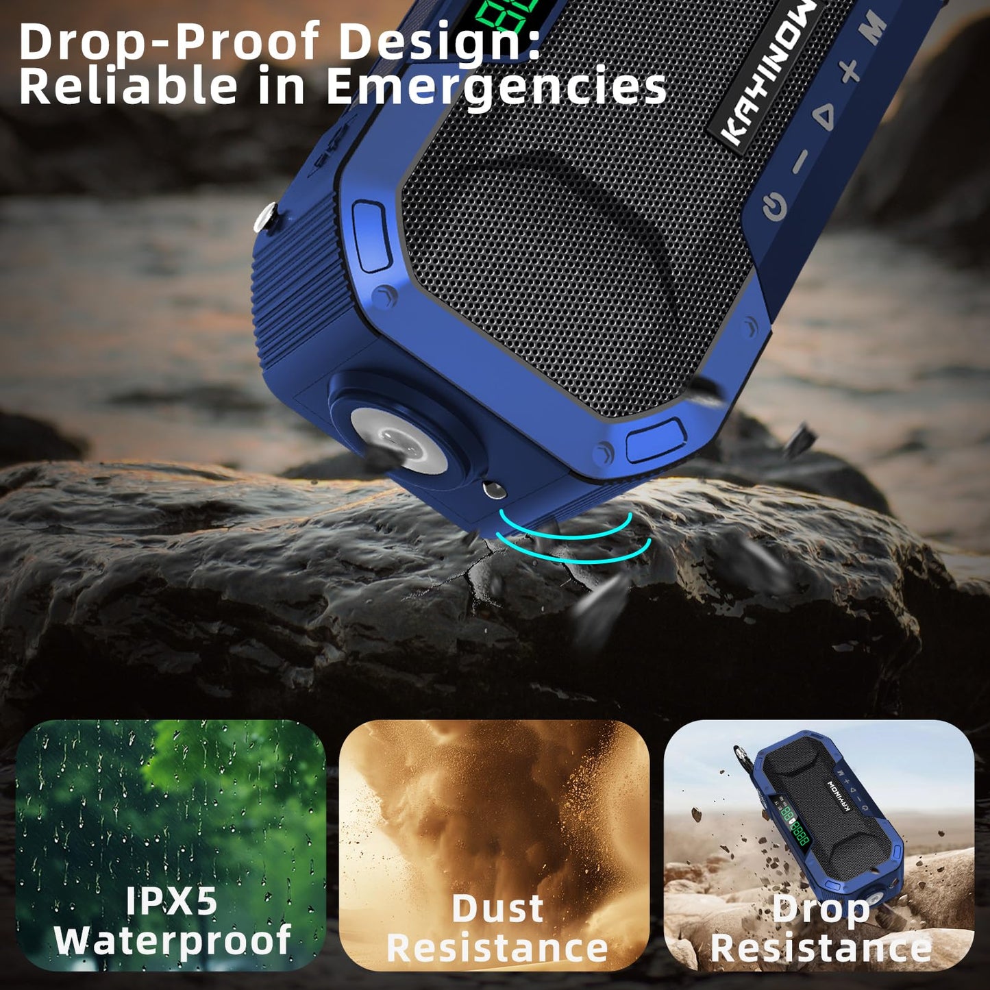 Portable Emergency Weather Radio with Waterproof Bluetooth Speaker, AM/FM/NOAA Hand Crank Solar Rechargeable Radio with Flashlight, Reading Light, 5000mAh Cell Phone Charger, SOS Alarm, Survival Gear