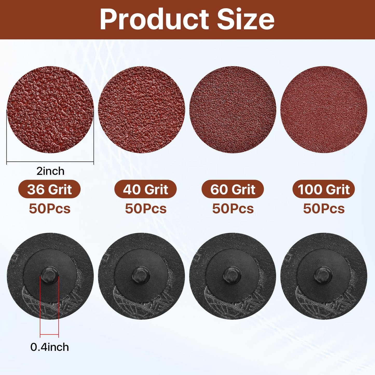 Akamino 200 Pcs 2 Inch Sanding Discs,36/40/60/100 Grit Mix Roll Lock Discs Set,Aluminum Oxide Coated Die Grinder Surface Conditioning Discs for Surface Prep Polish Burr Rust Paint Remova