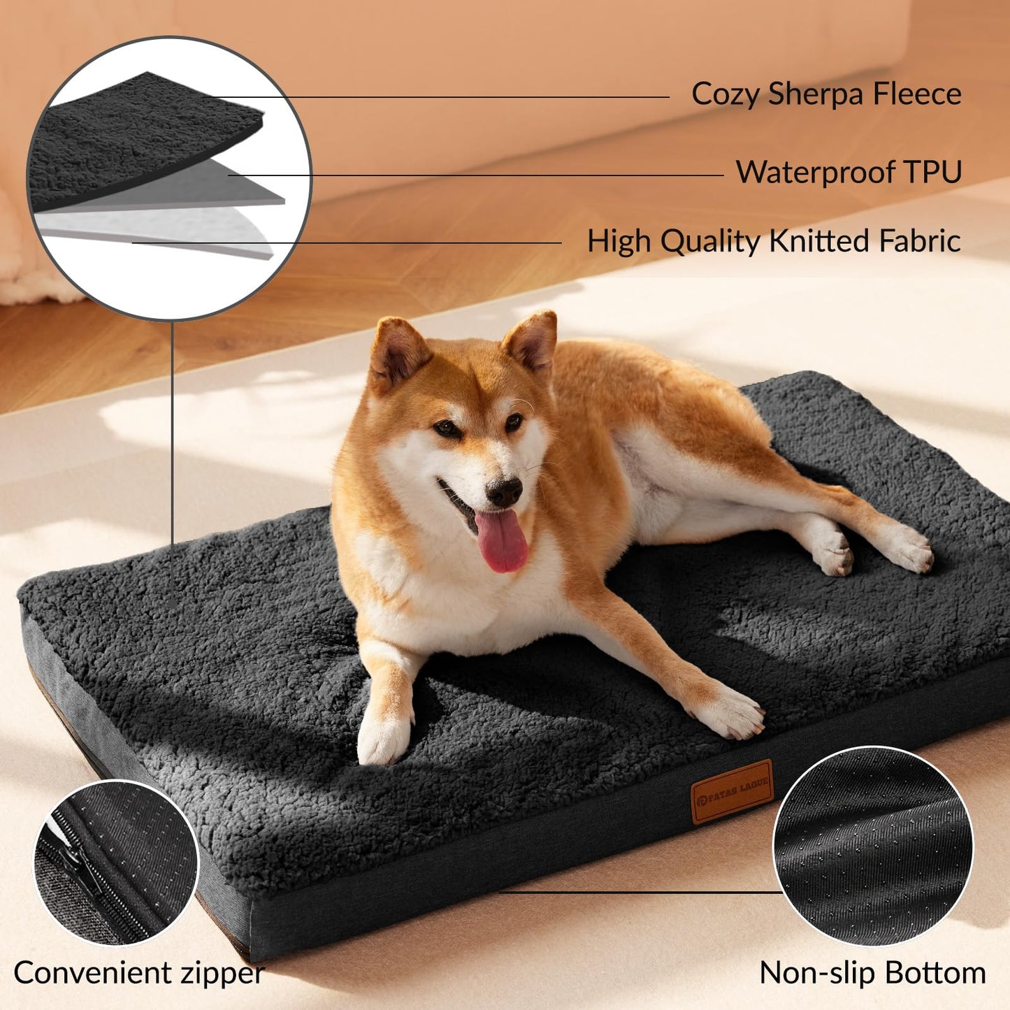 Patas Lague Orthopedic XL Dog Bed Large Sized Dog 107x71cm, Soft Waterproof Egg Crate Foam Large Pet Crate Beds Mat with Removable Washable Cover and Non-Slip Bottom, Black
