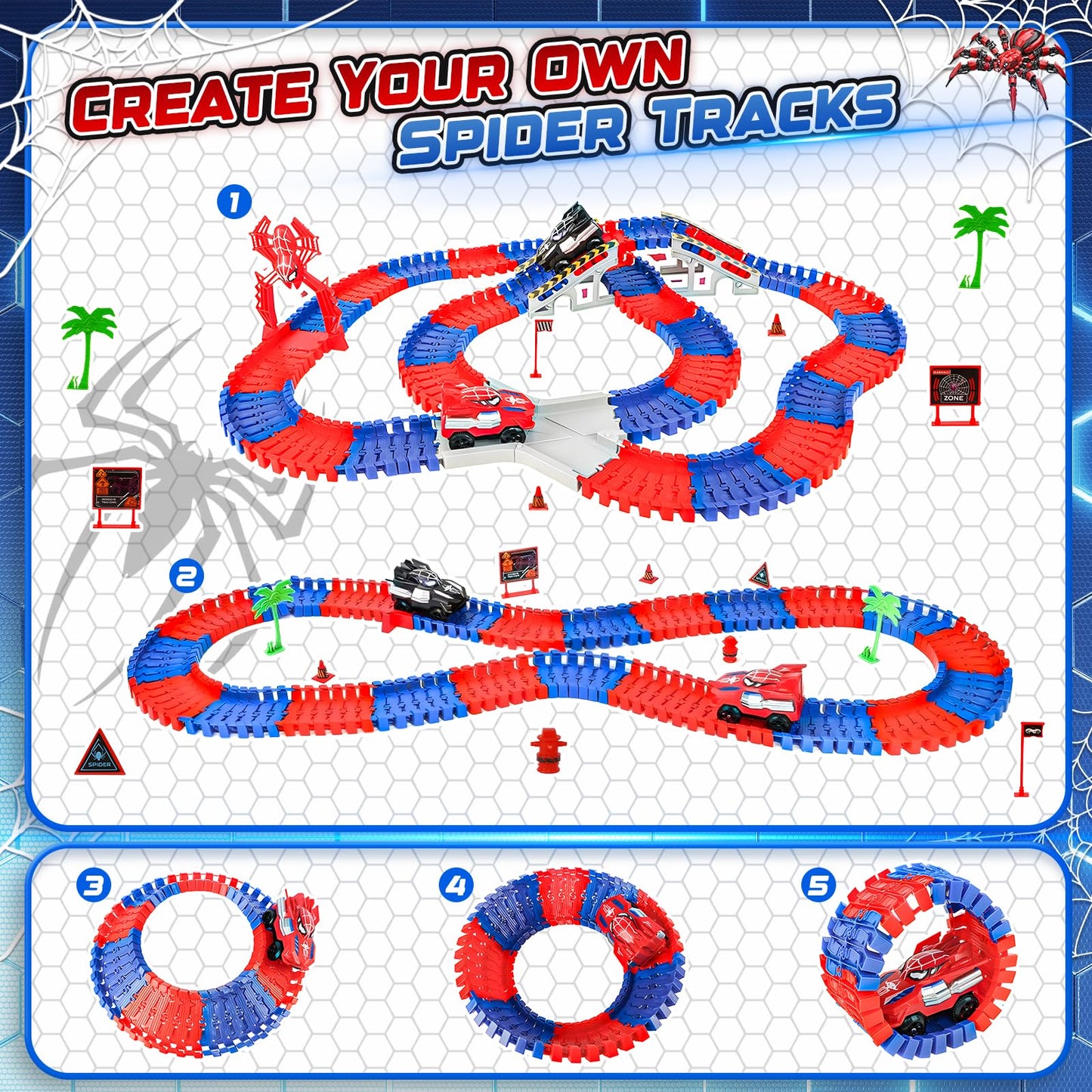 Spider Race Track Toys for Boys 4-6 - Monster Truck Toys for 3 4 5 6 7 8 Year Old Boys Girls, Toddler Tracks Playset with 2 Electric Spider Cars, Kids Christmas Birthday Gifts Age 3-4 3-5 6-8 (212PCS)