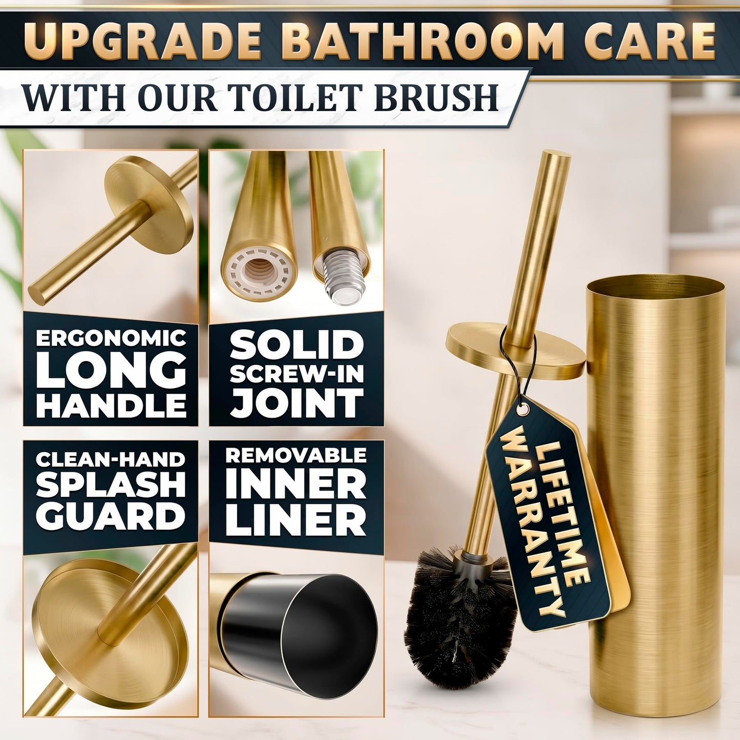 Novsix Stainless Steel Toilet Brush and Holder for Bathroom Toilet Bowl Cleaner Brush Set, Brushed Gold