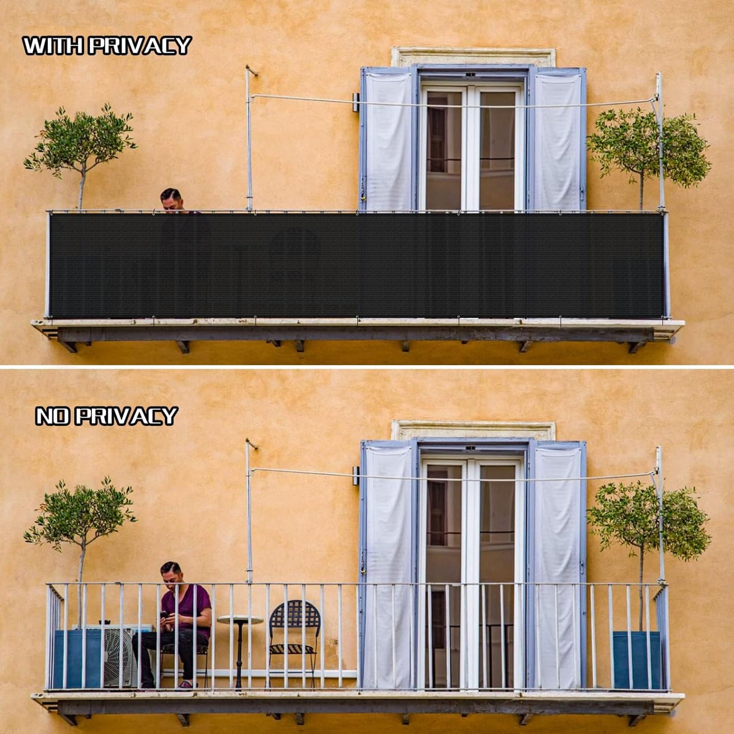 SUNLAX 3'x16' Black Balcony Privacy Screen Fence Windscreen Cover Fabric Shade Mesh Cloth with Grommets UV Protection for Patio, Backyard, Porch, Railing Shield 90%