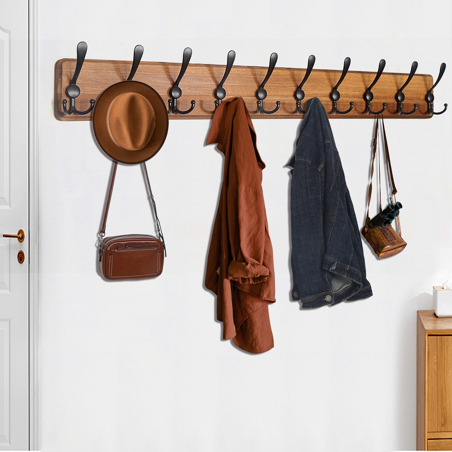 WEBI Coat Rack Wall Mount,38 9/16'' Long,10 Hooks,Coat Hooks Wall Mounted,Coat Hanger Wall,Wood Hook Rack Rail,Triple Hooks for Hanging Coats,Clothes,Jacket