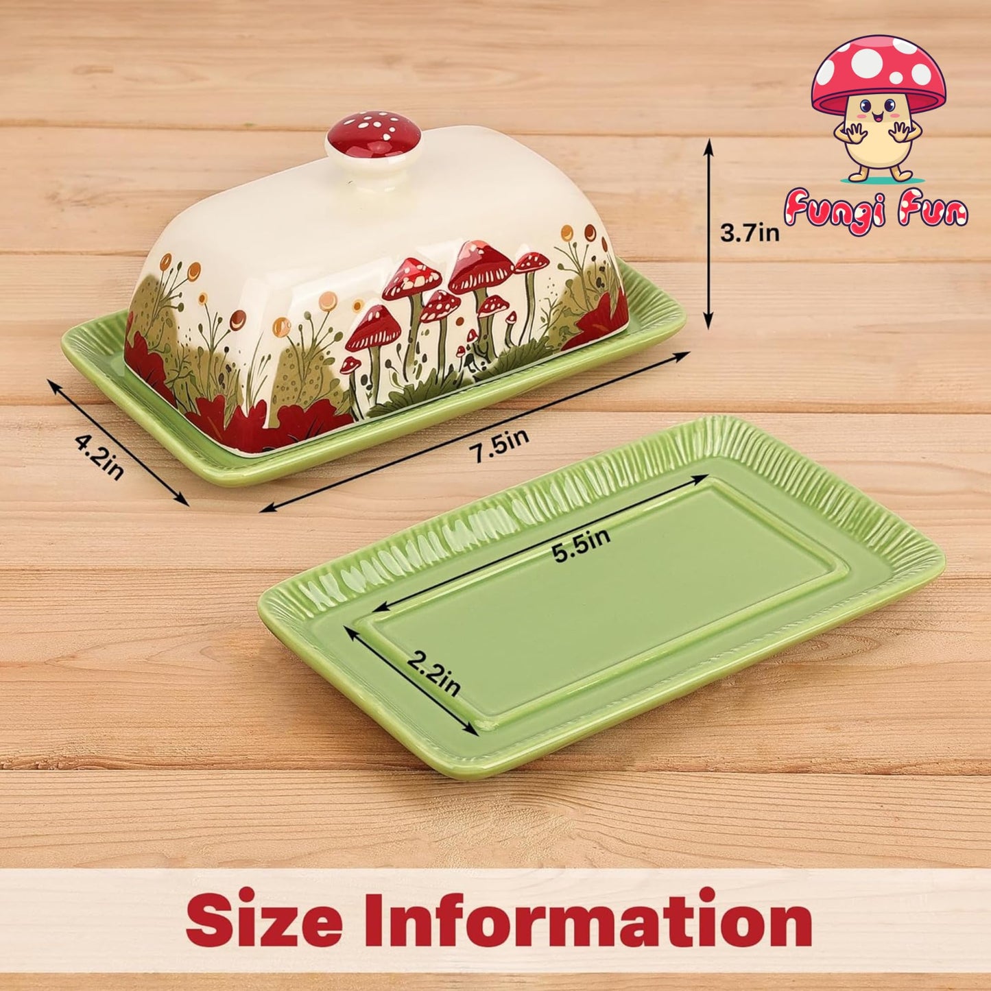 Fungi Fun Mushroom Butter Dish with Lid for Countertop Ceramic Butterdish, Red Mushroom Butter Container, Butter Tray Large Butter Dish Covered (White & Red Mushroom Butter Dish)