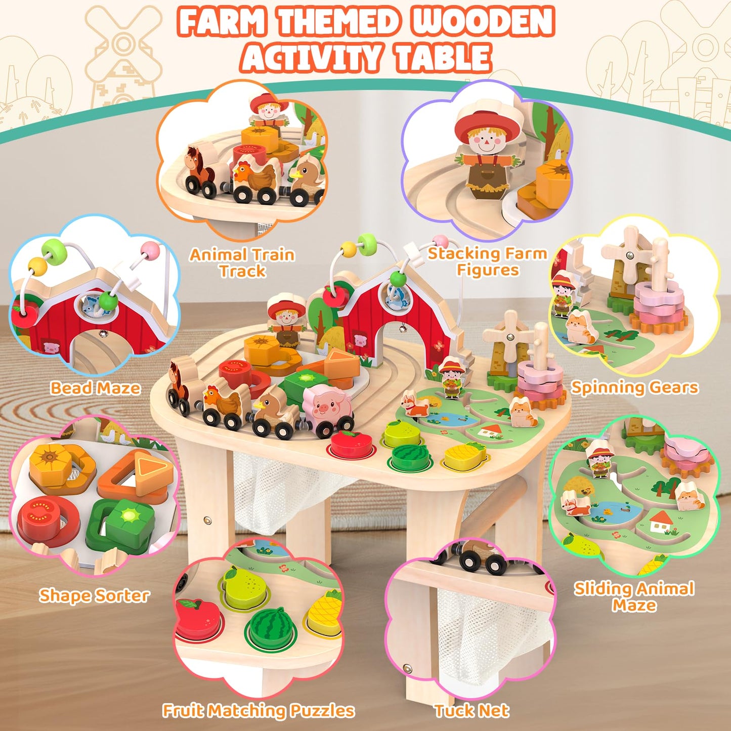 Activity Table for 1 Year Old, Baby Wooden Sensory Table with Bead Maze Shape Sorter Train Track for Toddler, Farm Montessori Toy Activity Center, Educational Learning Toy for Kid 12+ Months (Natural)