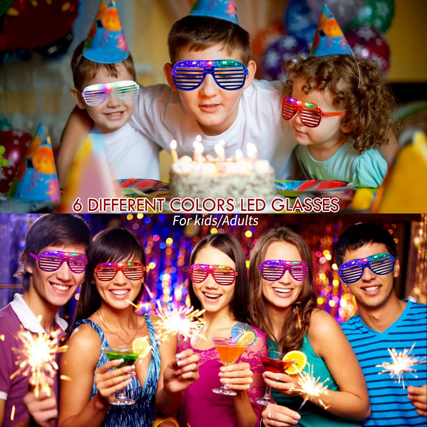 72 Pack LED Light Up Neon Flashing Toys 6 Color Glow in the Dark Party Supplies with 36 LED Glasses Shutter Shades Glow, 36 Finger Ring Lights for Birthday,Easter, Carnival Rave Party