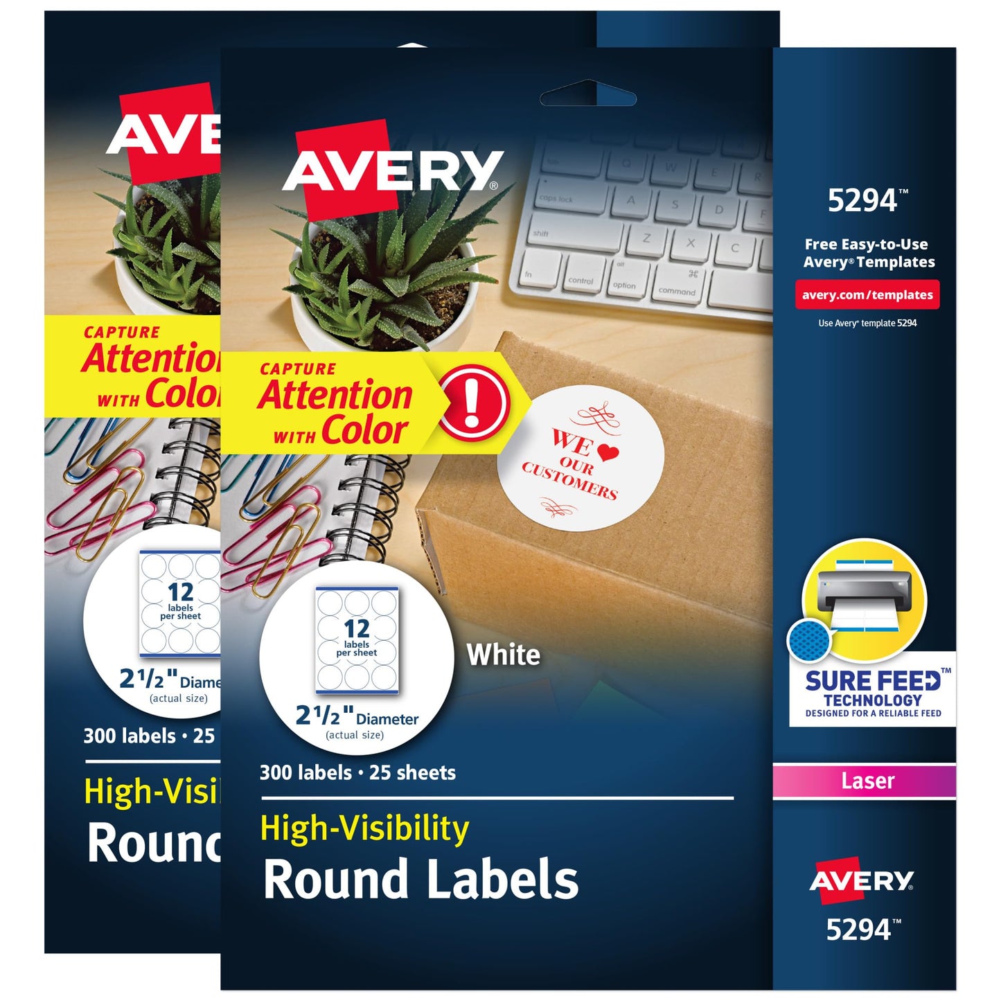 Avery High Visibility Printable Round Labels with Sure Feed, 2.5" Diameter, White, Laser Printer, 300 per Pack, 2 Packs, 600 Customizable Blank Labels Total (45294)