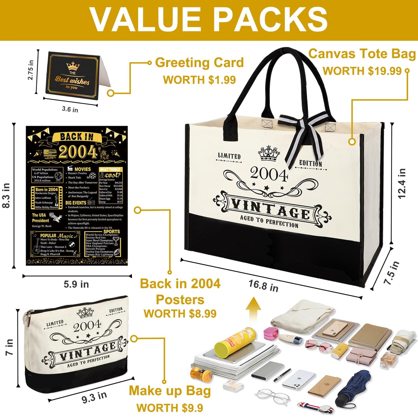 21st Birthday Gifts for Her Canvas Tote Bag Travel Gear, Unique 21 Years Old Birthday Gifts for Girlfriend Sister Friends Women, Vintage 2004 Handbag & Cosmetic Bag & Back in 2004 Poster