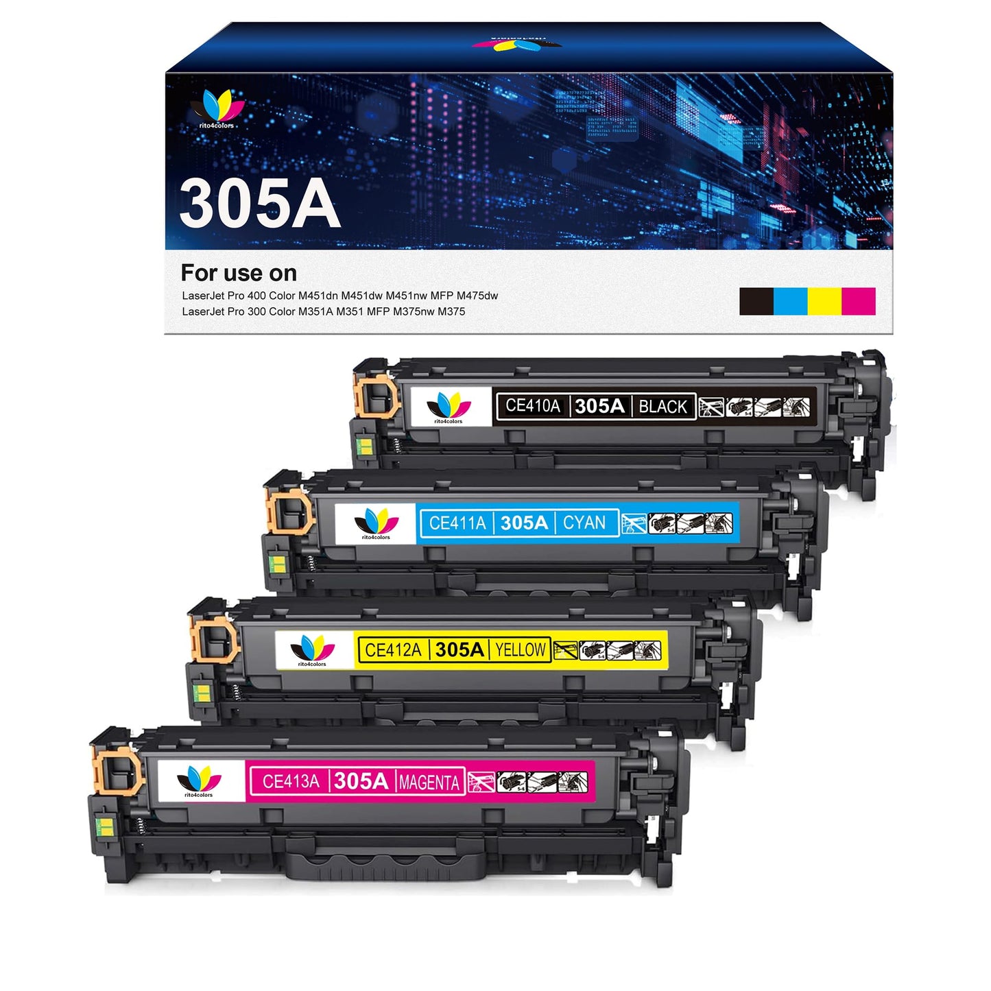 rito4colors 305a Toner Cartridge Replacement for 305A CE410A Compatible with Pro 400 Color M451dw M451dn M451nw MFP M475dw M475dn M375nw Printer(Black, Cyan, Magenta, Yellow)