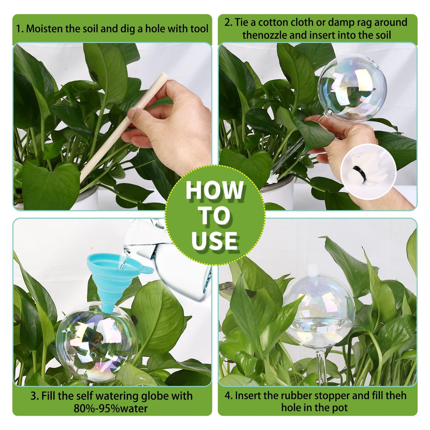 13oz Up to 2 Weeks Large Plant Watering Globes - Self Watering Bulbs and Planter Insert for Indoor & Outdoor Plants, Glass Water Globes Automatic While Away (Large 4-Pack)