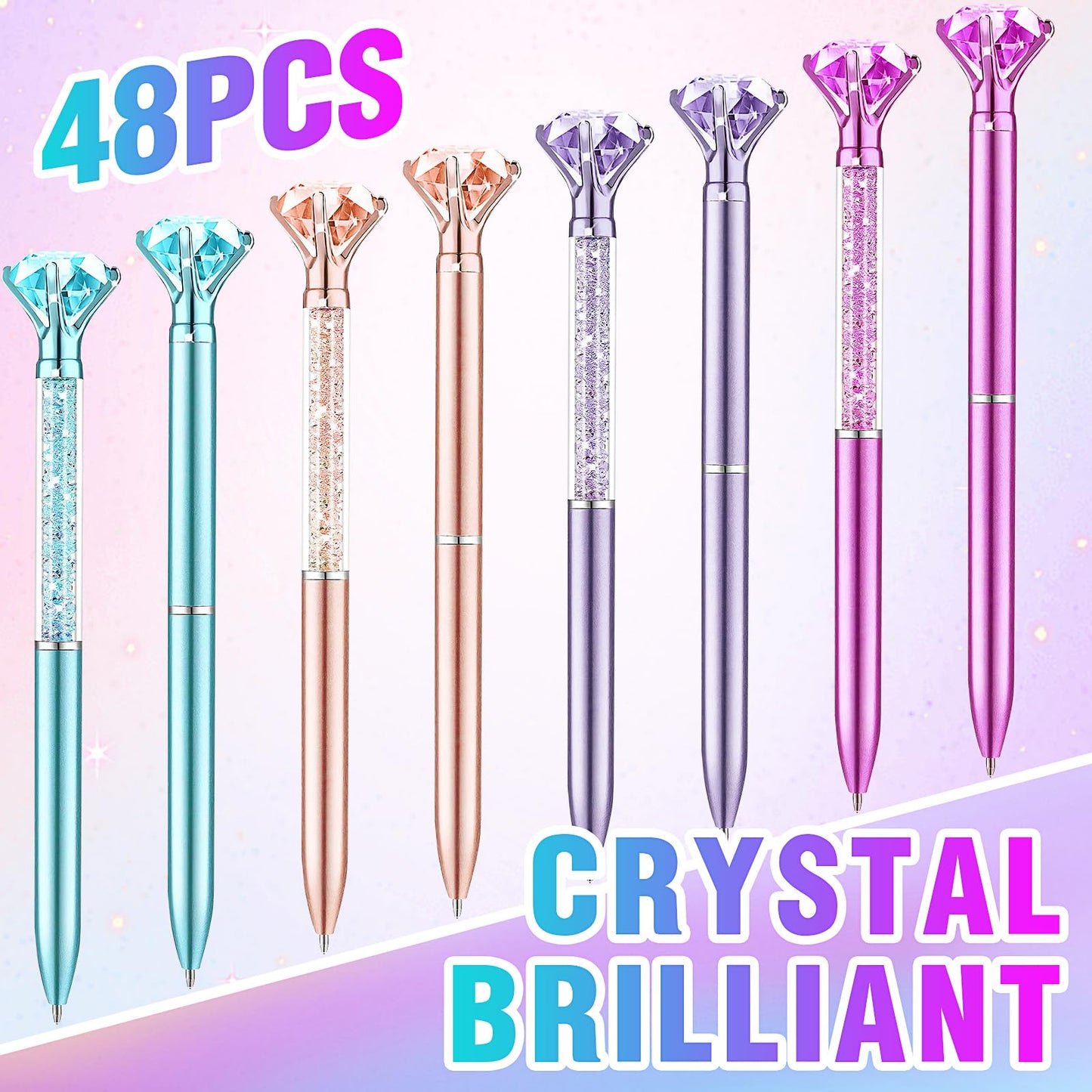 48 Pcs Diamond Pens, 0.7mm Black Ink Pens Bulk, Retractable Ballpoint Pen, Bling Crystal Pens for Engagement Wedding Signing Pen, Bridal Shower Gifts, Birthday Party Favors (2 Styles, 4 Colors)