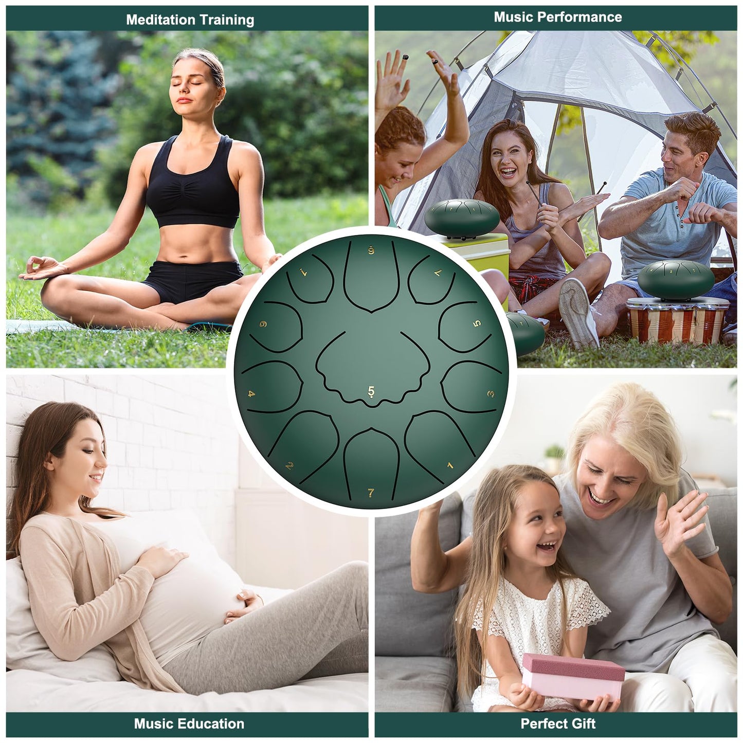 Rain Drum for Outside Garden, 8 Inches 11 Notes Steel Tongue Drum, Waterproof Meditation Rain Chime, Musical Instruments for Adult Gift with Bag, Music Book, Mallets (Green)