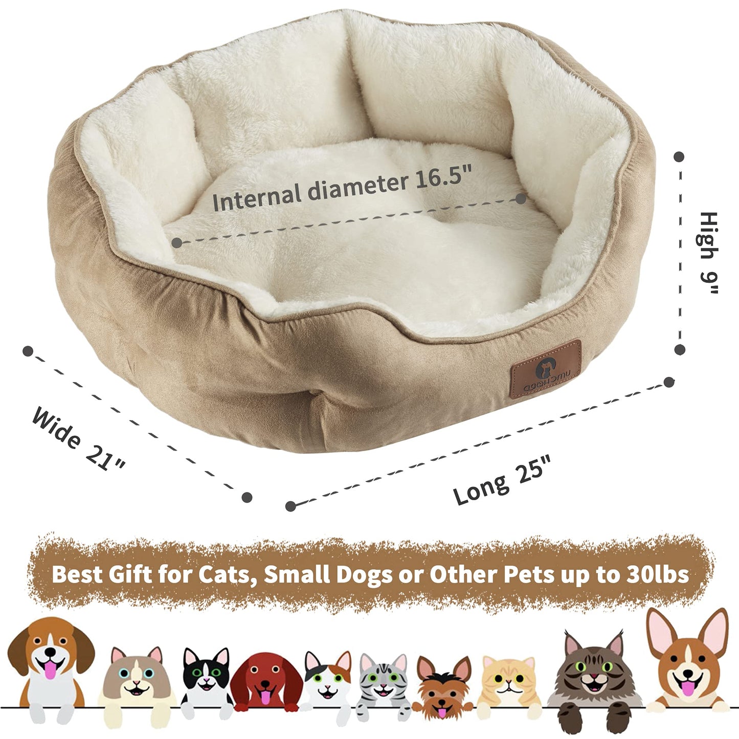 Asvin Medium Dog Bed for Medium Dogs, Cat Beds for Indoor Cats, Pet Bed for Puppy and Kitty, Extra Soft & Machine Washable with Anti-Slip & Water-Resistant Oxford Bottom, Light Brown, 25 inches
