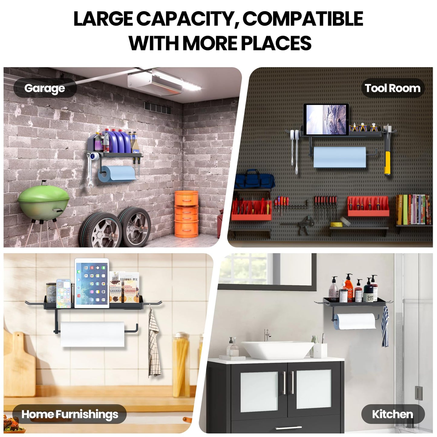 Chilinii Garage Shop Paper Towel Holder Wall Mount, Garage Organization Paper Towel Phone Holder with Shelf and 2 Hooks, Heavy Duty Steel, One Hand Tear for Kitchen Garage and Utility Room RV Car