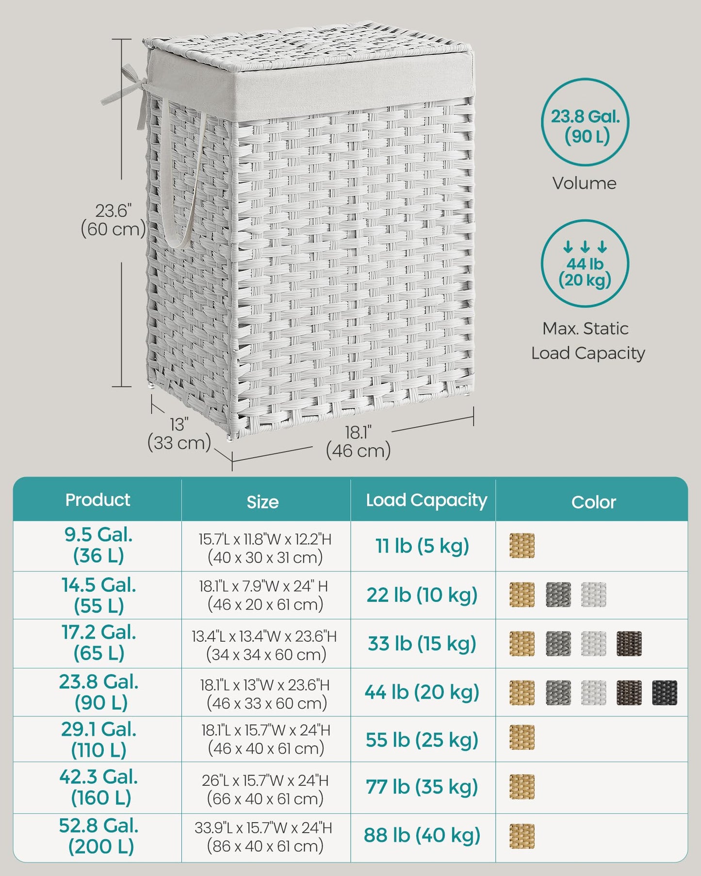SONGMICS Laundry Hamper with Lid, 23.8 Gallon (90 L) Synthetic Rattan Clothes Laundry Basket with Lid and Handles, Foldable, Removable Liner, Snow White ULCB051W01V1