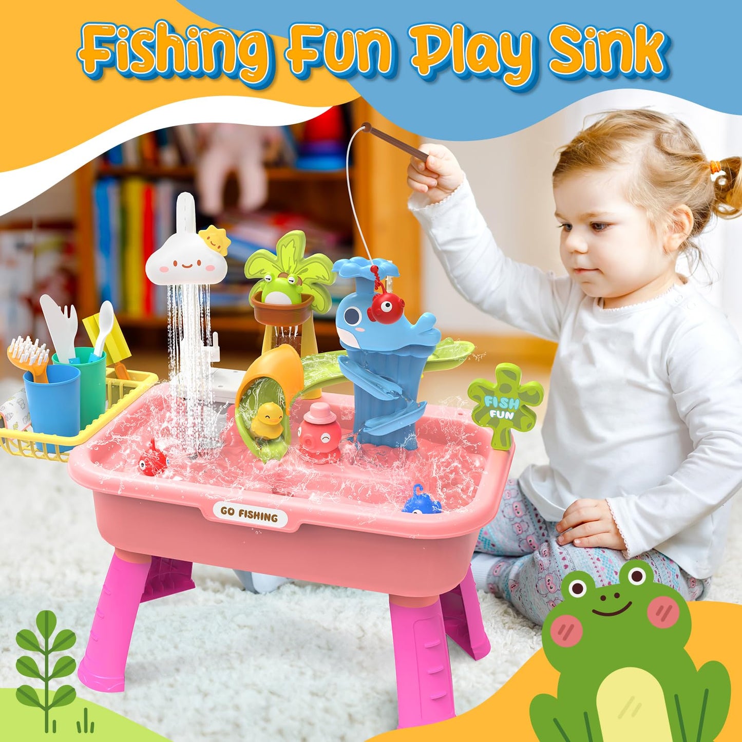 21" H Play Sink with Running Water, 4-in-1 Kids Kitchen Sink Toy with Electric Faucet, Mini Water Table with Detachable Legs, Fishing Game, Pretend Play Dishwasher Gift Set for Boys & Girls(Pink)