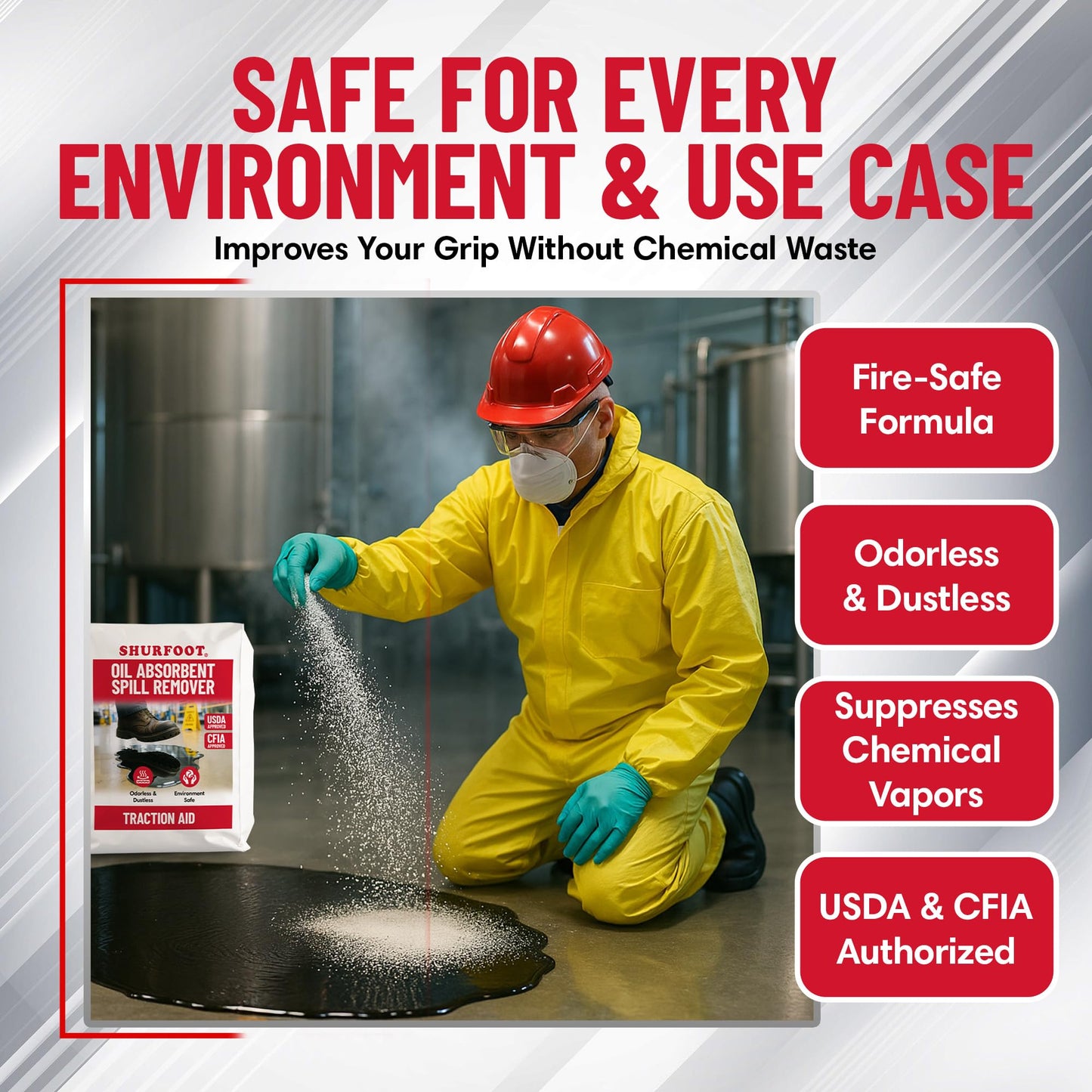 Shurfoot 3lb Non-Slip Oil Absorbent – High-Traction, Vapor-Suppressing Spill Control for Ice, Water & Oils – USDA Approved Floor Dry Absorbent – Odorless, Dustles, Fire-Safe – Ideal for Industrial