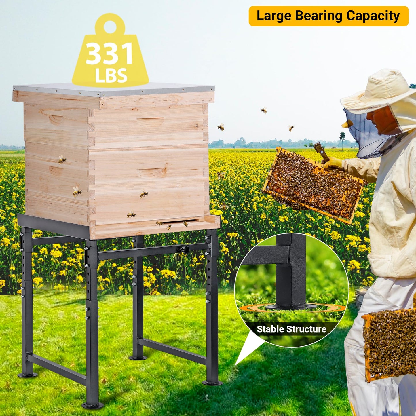 Neorexon Adjustable Metal Hive Stand, Adjustable Height(16.1”-20.9) Hive Stand Frame, Adjustable Width(15”-19”) Bee Hive Frame Stands