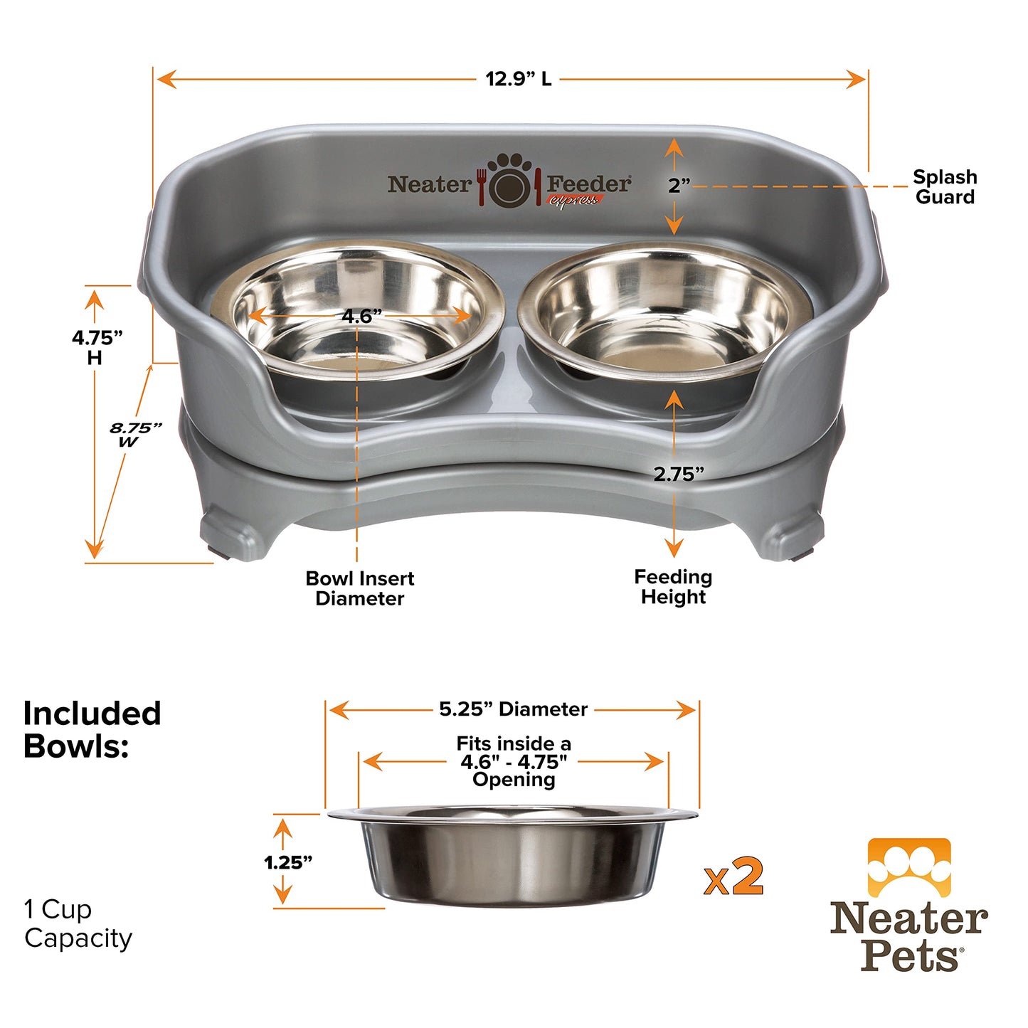 Neater Feeder Express for Cats - Mess Proof Pet Feeder with Stainless Steel Food & Water Bowls - Drip Proof, Non-Tip, and Non-Slip - Gunmetal Grey