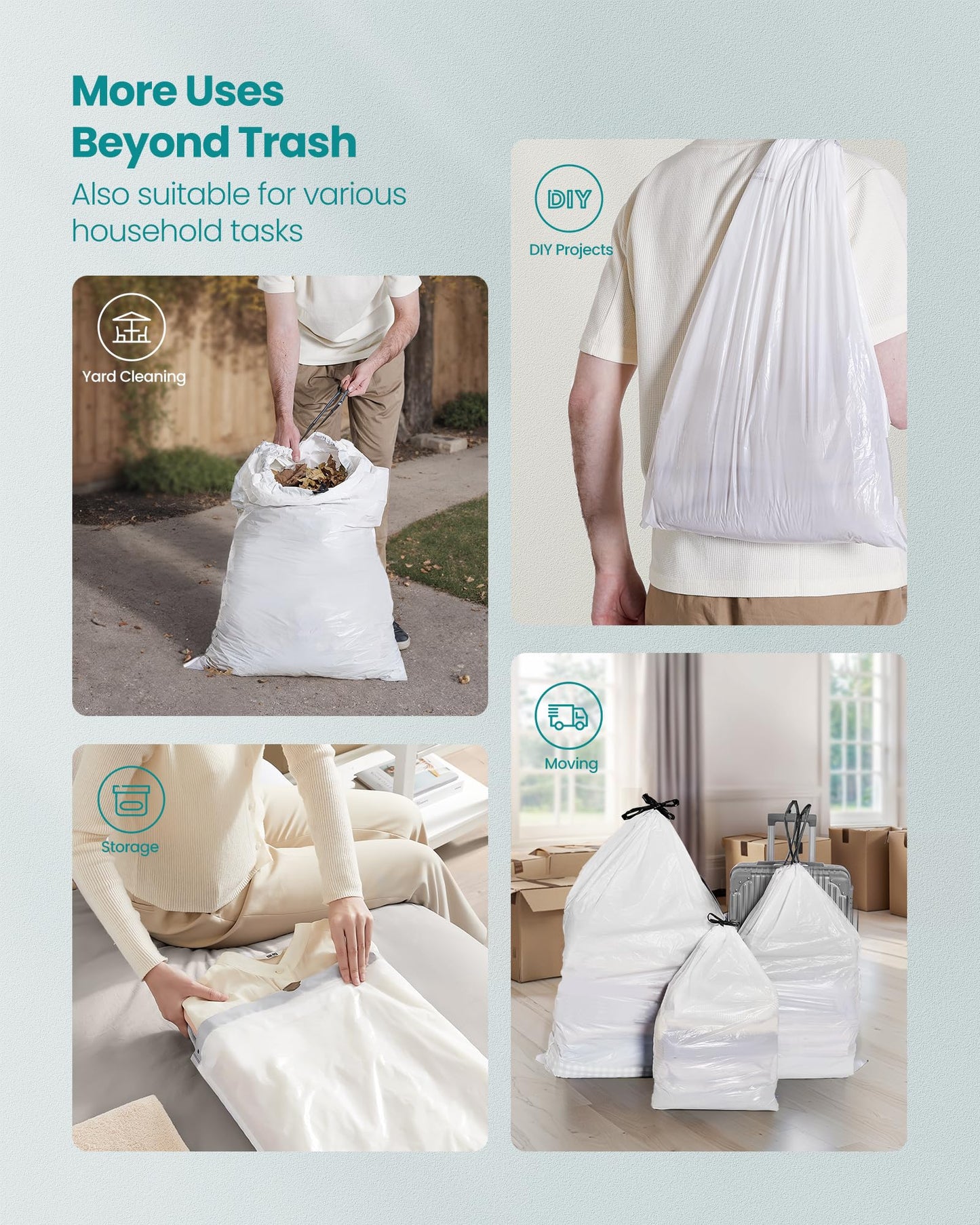 SONGMICS Trash Bags for 13-Gallon (50 L) Trash Cans, 160 Count, Drawstring Kitchen Garbage Bags, Quick-Dispense Box, Liner Code K, Cream White UKRB051A04