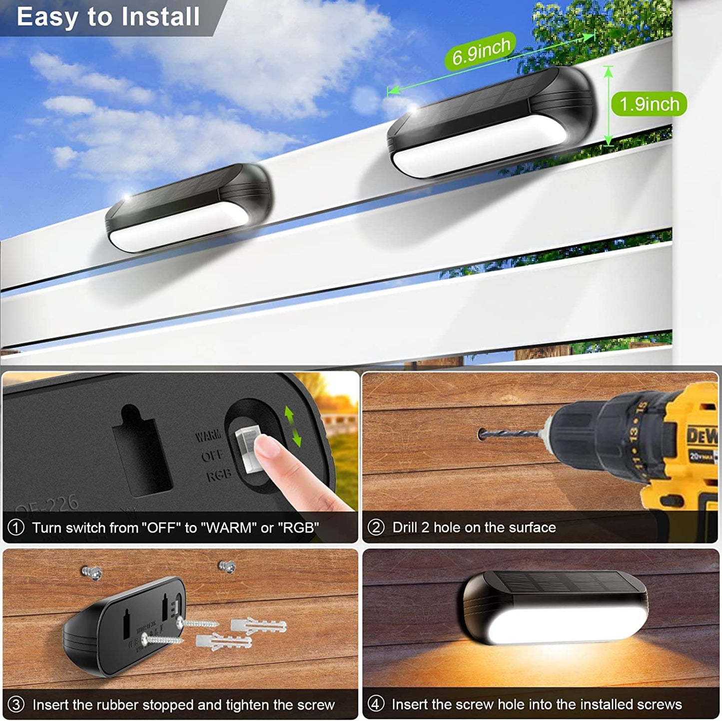 8 Pack Solar Deck Lights Outdoor, BUCASA Solar Step Lights Outdoor Waterproof, Warm & RGB 8-Colors Solar Fence Lights, Auto ON/Off Solar Powered Deck Lights for Fence Deck Stair Yard Wall